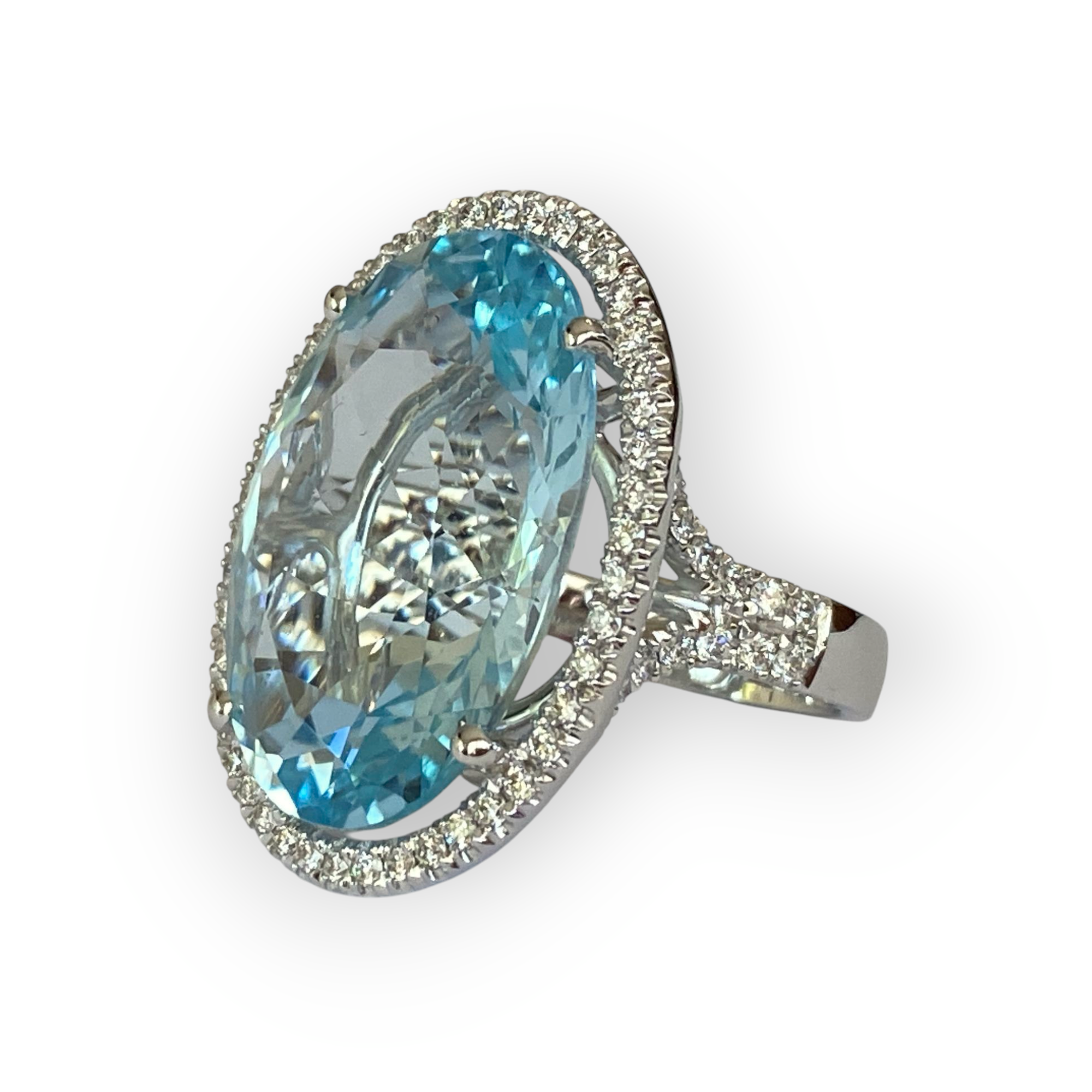 Certified hand made 34 Ct Sky Blue Topaz & Diamond Cocktail Ring in White Gold