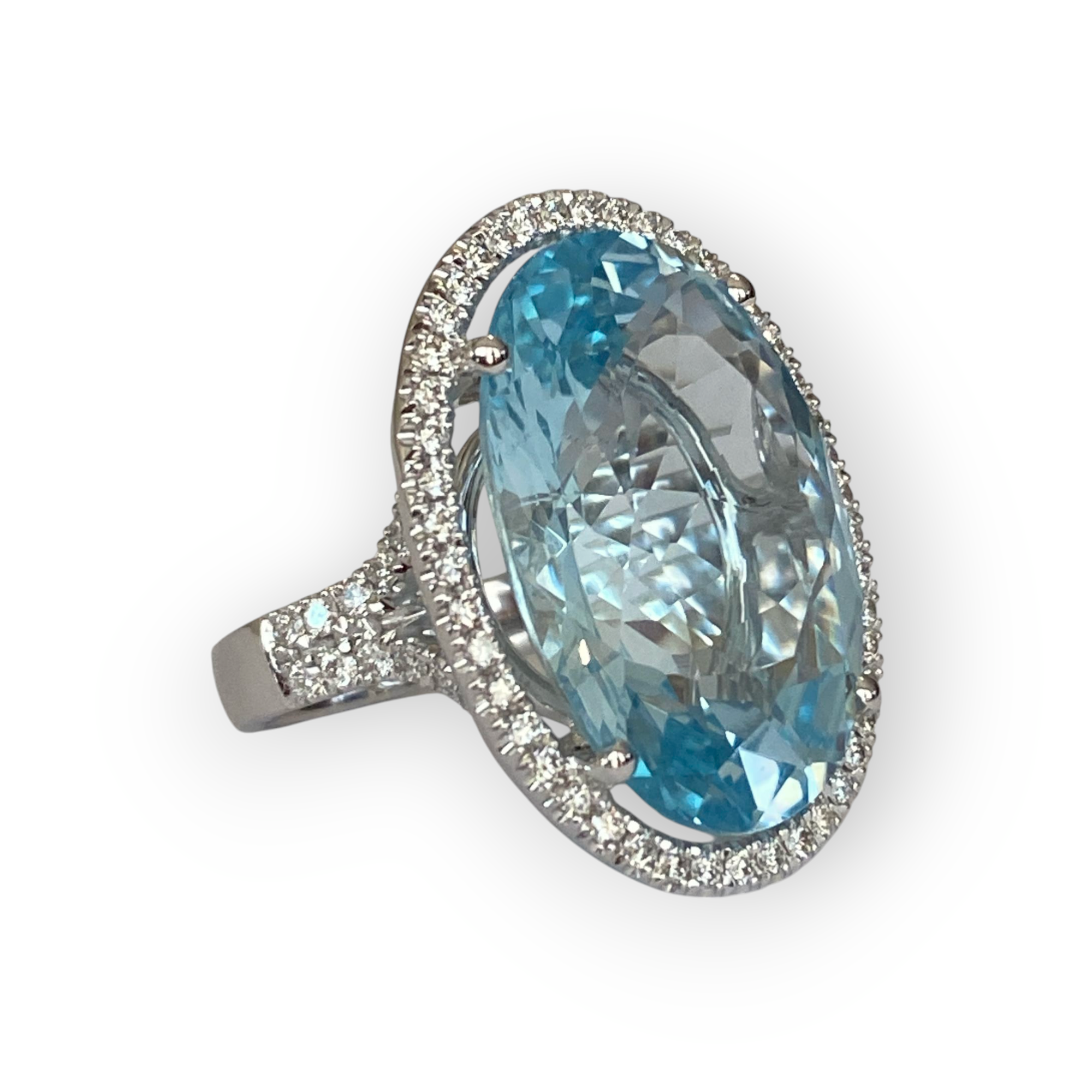 Certified hand made 34 Ct Sky Blue Topaz & Diamond Cocktail Ring in White Gold