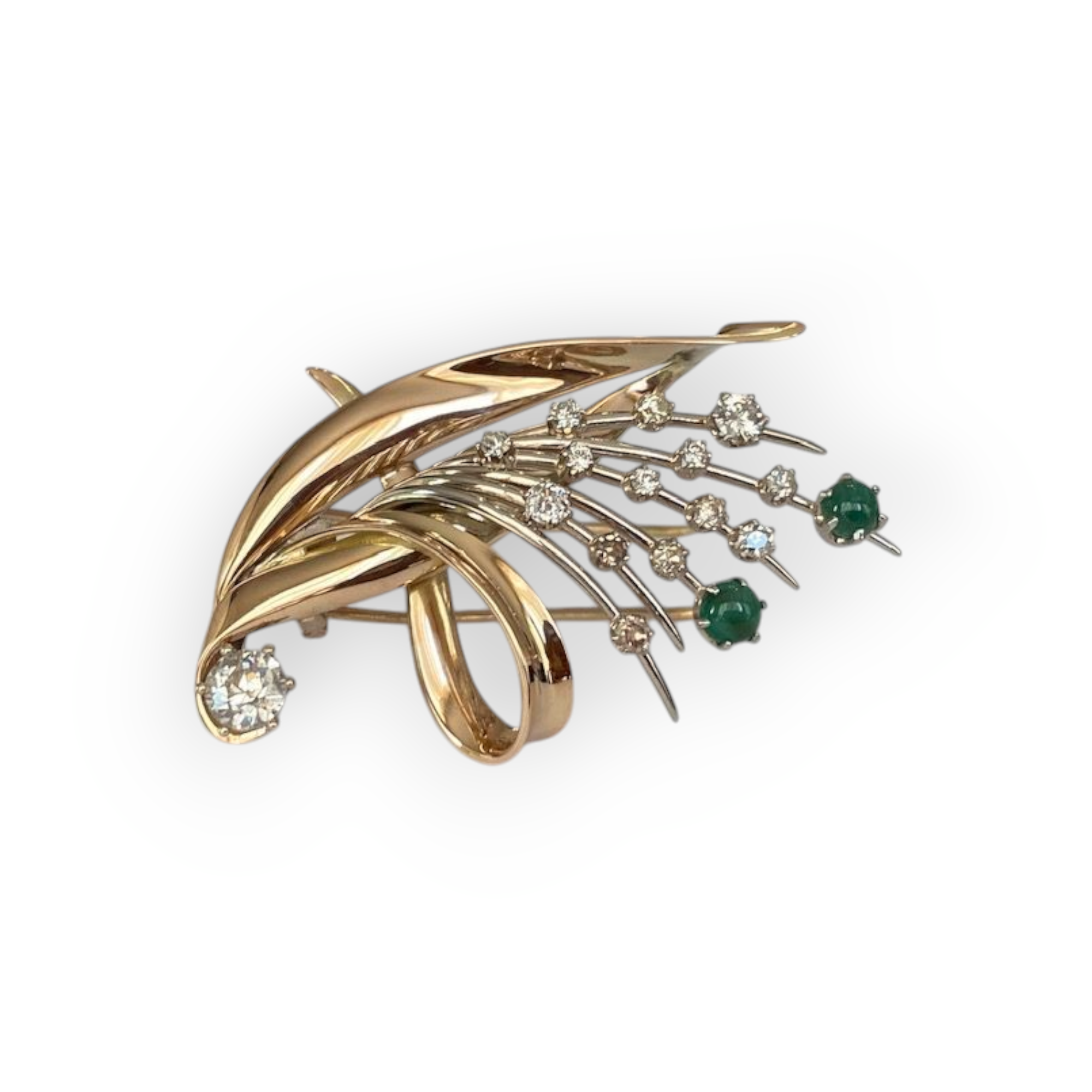Retro 14K Yellow Gold Brooch with Bolshevik-Cut Diamonds & Cabochon Emeralds