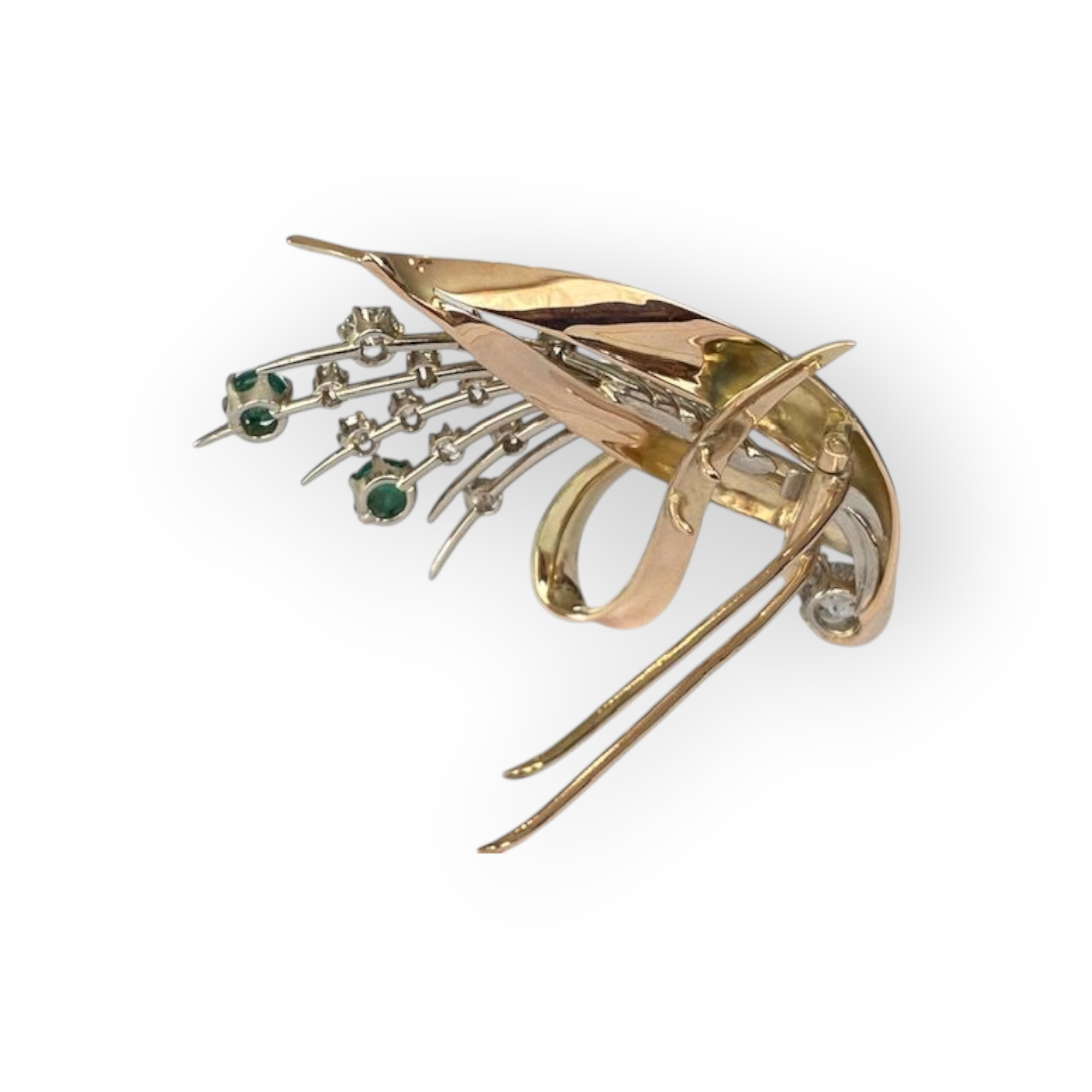 Retro 14K Yellow Gold Brooch with Bolshevik-Cut Diamonds & Cabochon Emeralds