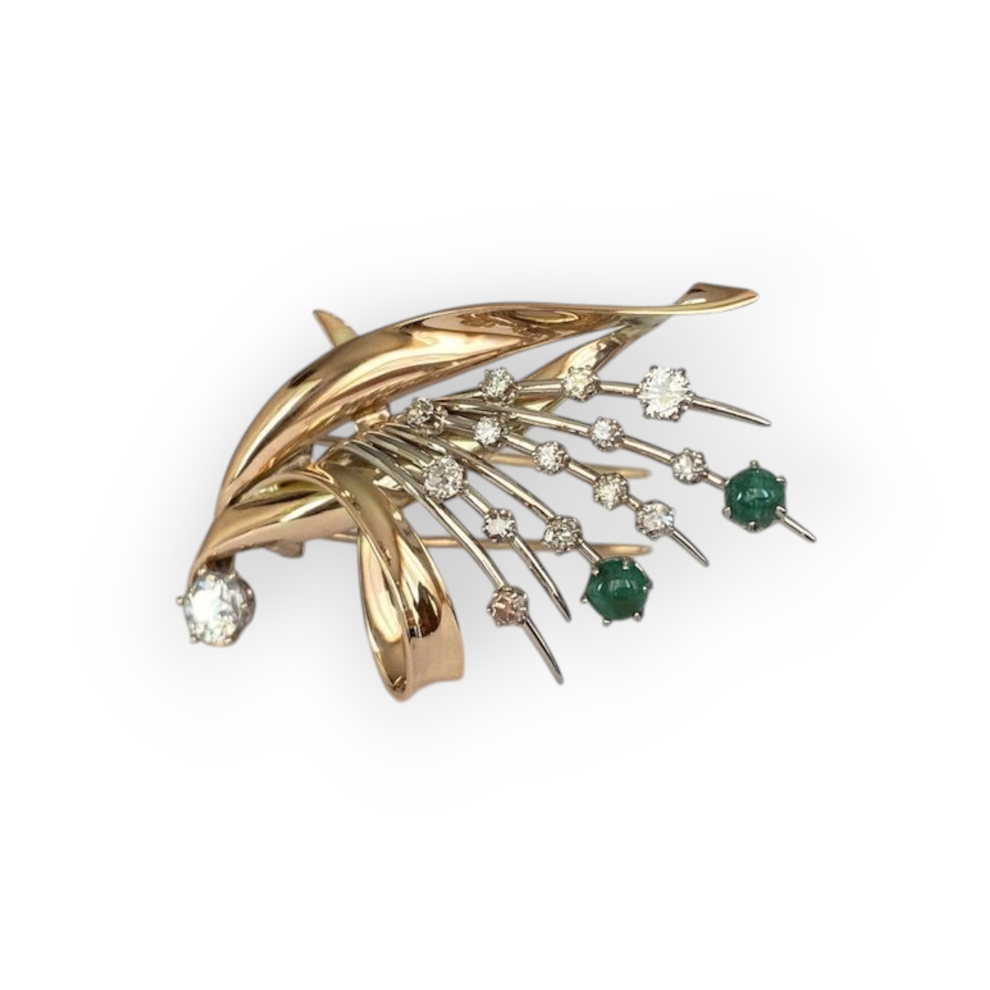 Retro 14K Yellow Gold Brooch with Bolshevik-Cut Diamonds & Cabochon Emeralds