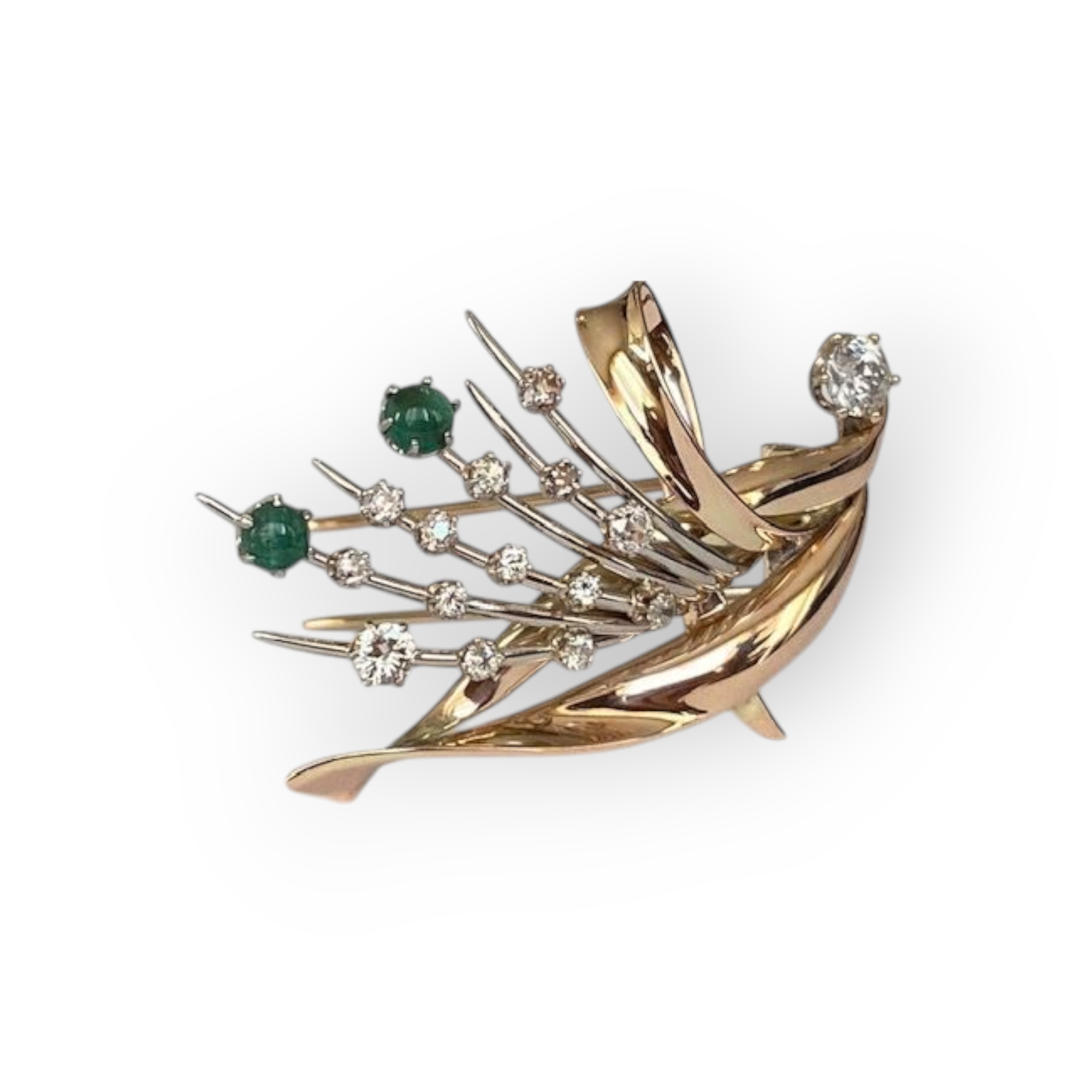Retro 14K Yellow Gold Brooch with Bolshevik-Cut Diamonds & Cabochon Emeralds