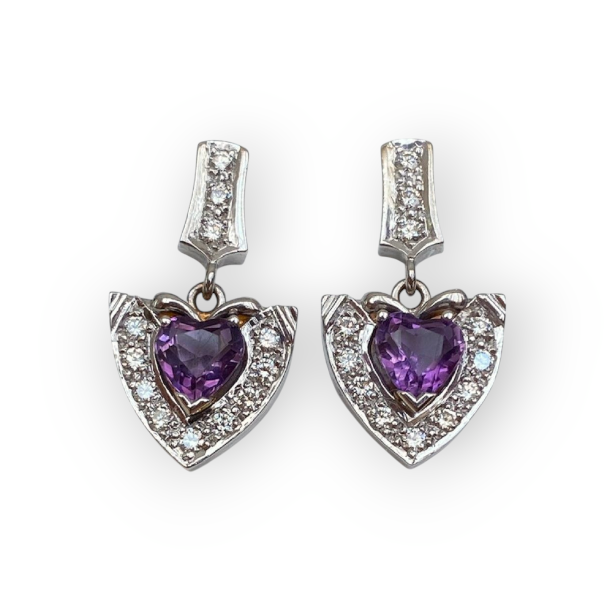 Vintage 18K White Gold Diamond Dangle Earrings with Amethyst