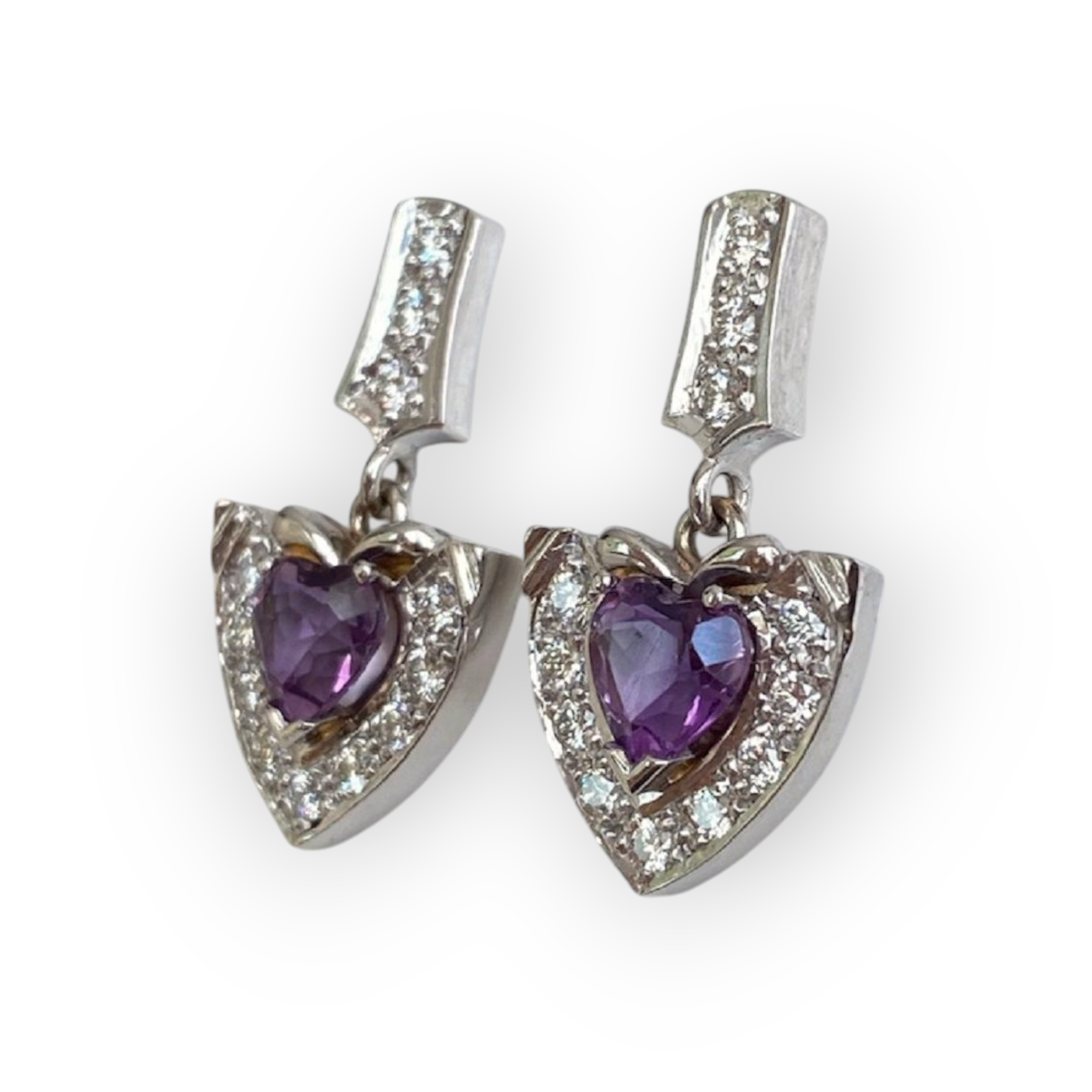 Vintage 18K White Gold Diamond Dangle Earrings with Amethyst