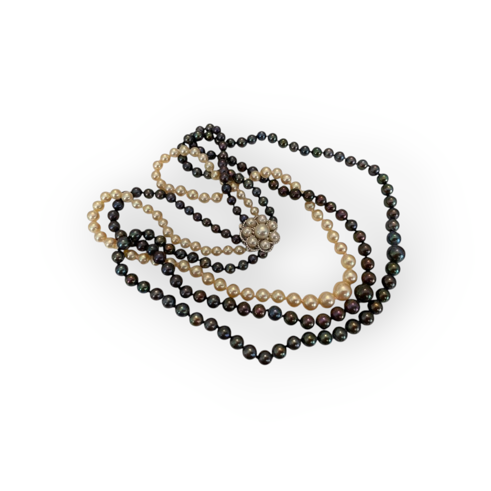 Vintage 3-Row Natural Freshwater Pearl Necklace with 18K White Gold Clasp