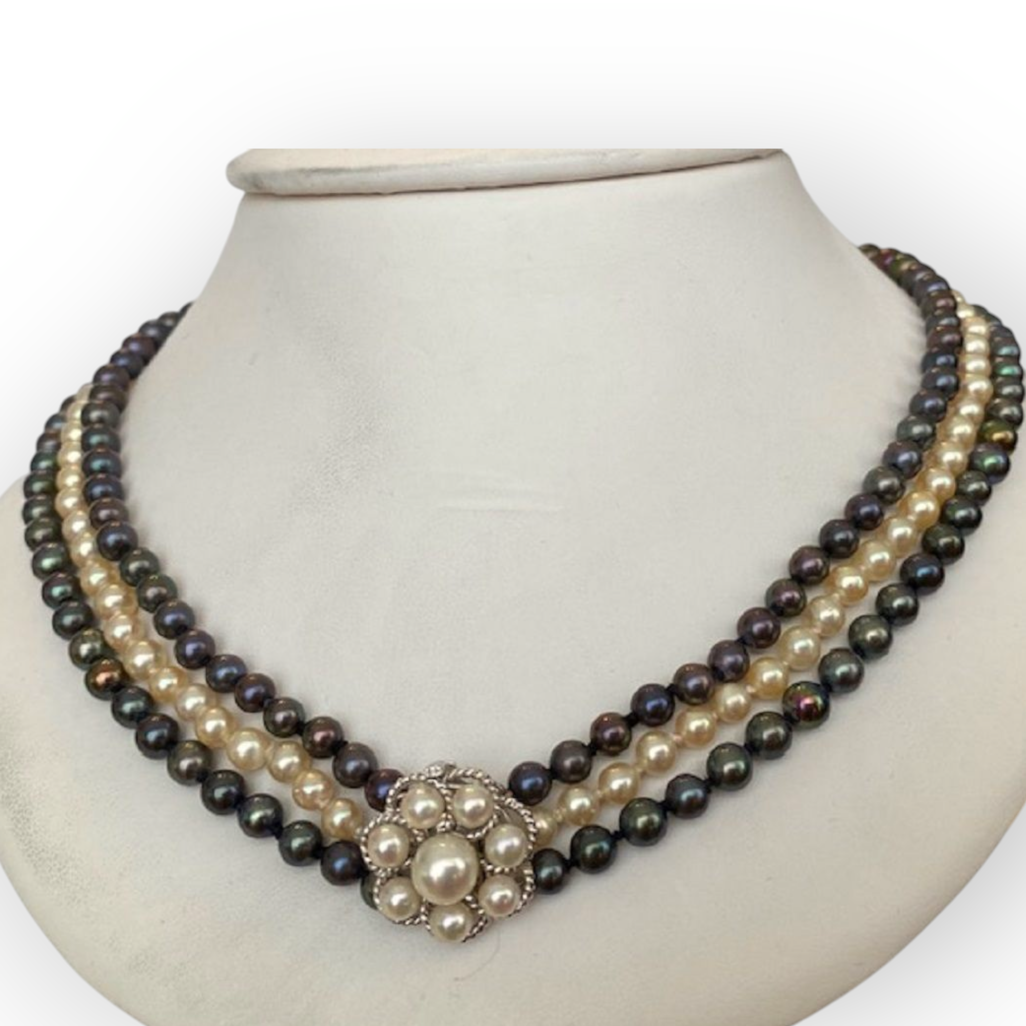 Vintage 3-Row Natural Freshwater Pearl Necklace with 18K White Gold Clasp