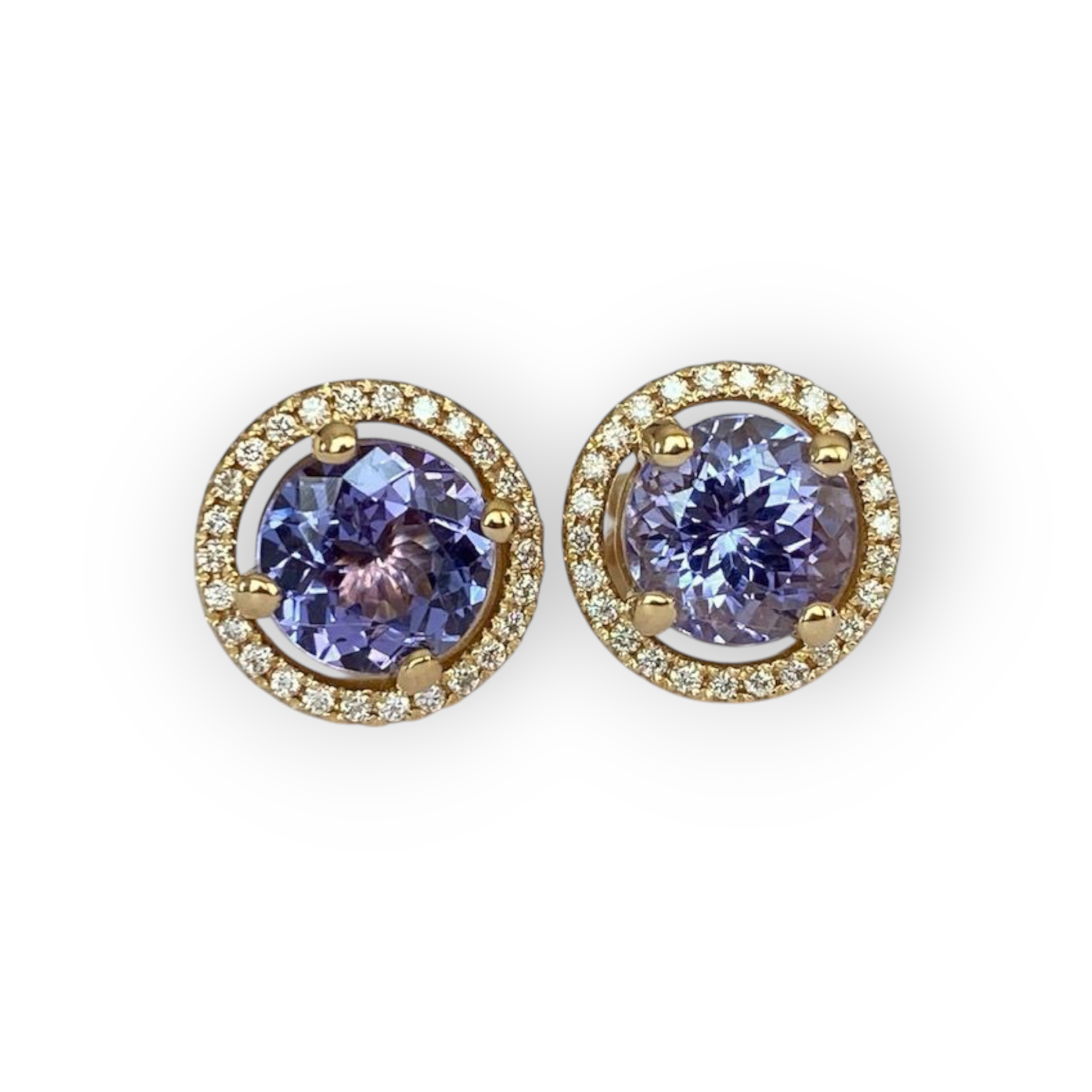 18K Yellow Gold Halo Ear Studs with 3.26 Ct Tanzanite & Diamonds