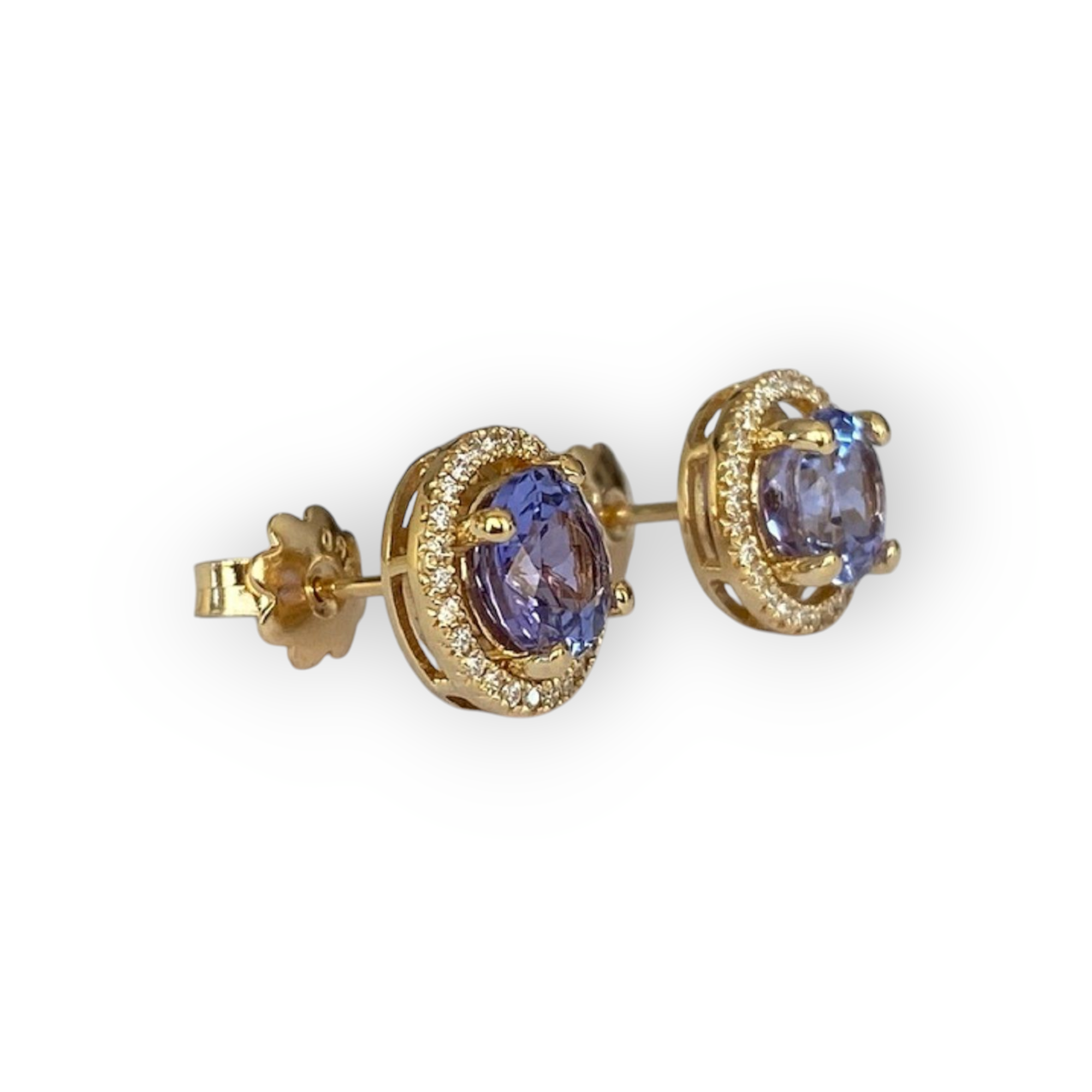18K Yellow Gold Halo Ear Studs with 3.26 Ct Tanzanite & Diamonds