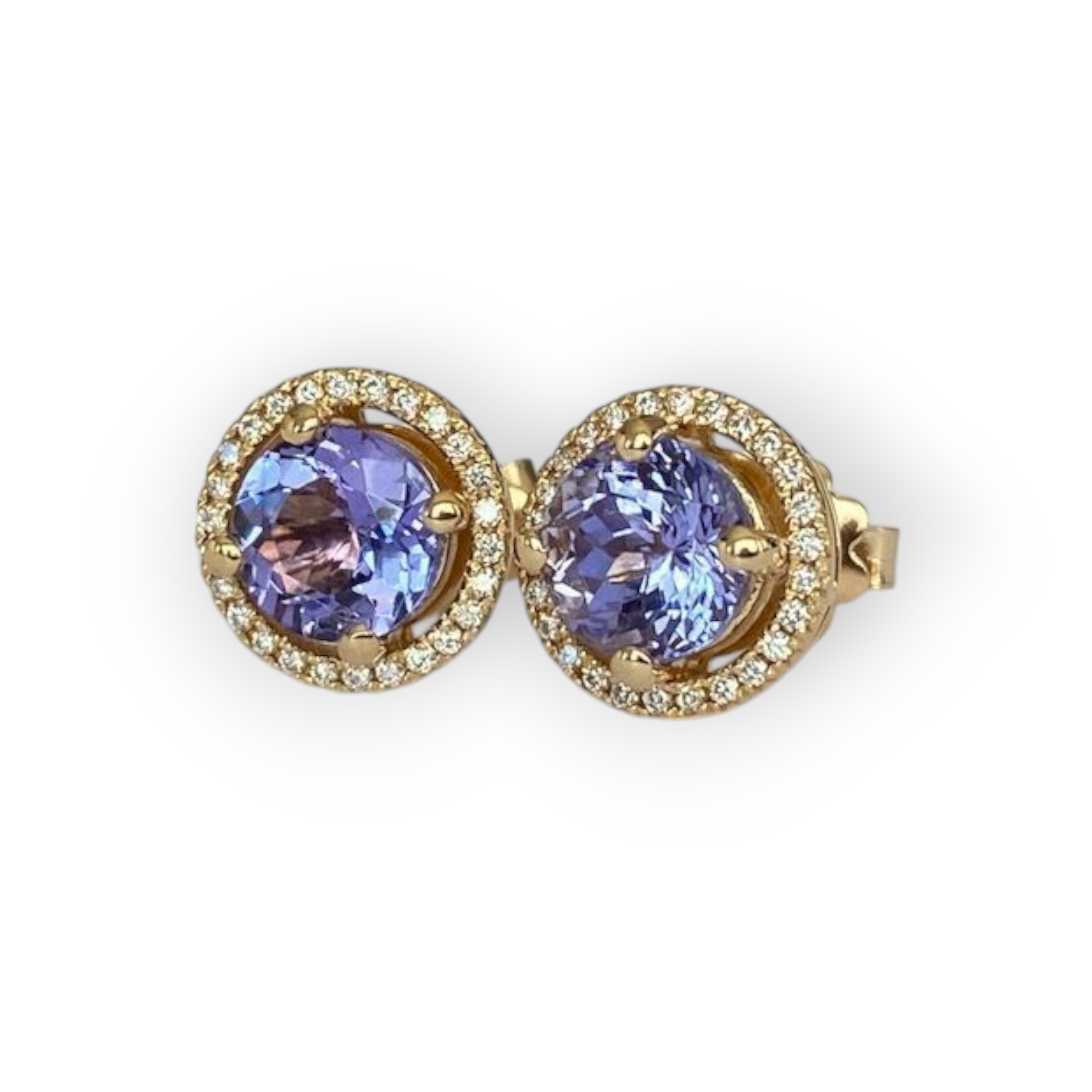 18K Yellow Gold Halo Ear Studs with 3.26 Ct Tanzanite & Diamonds