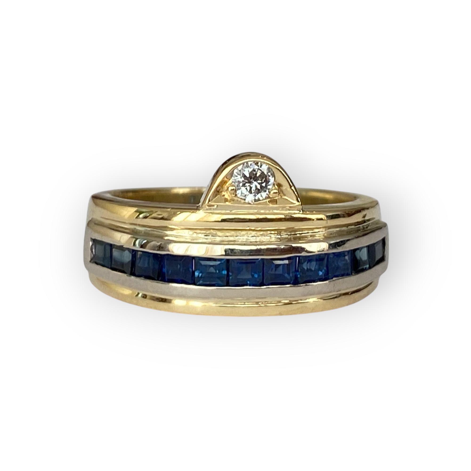 18K Yellow Gold Band Ring with Sapphires & Diamond
