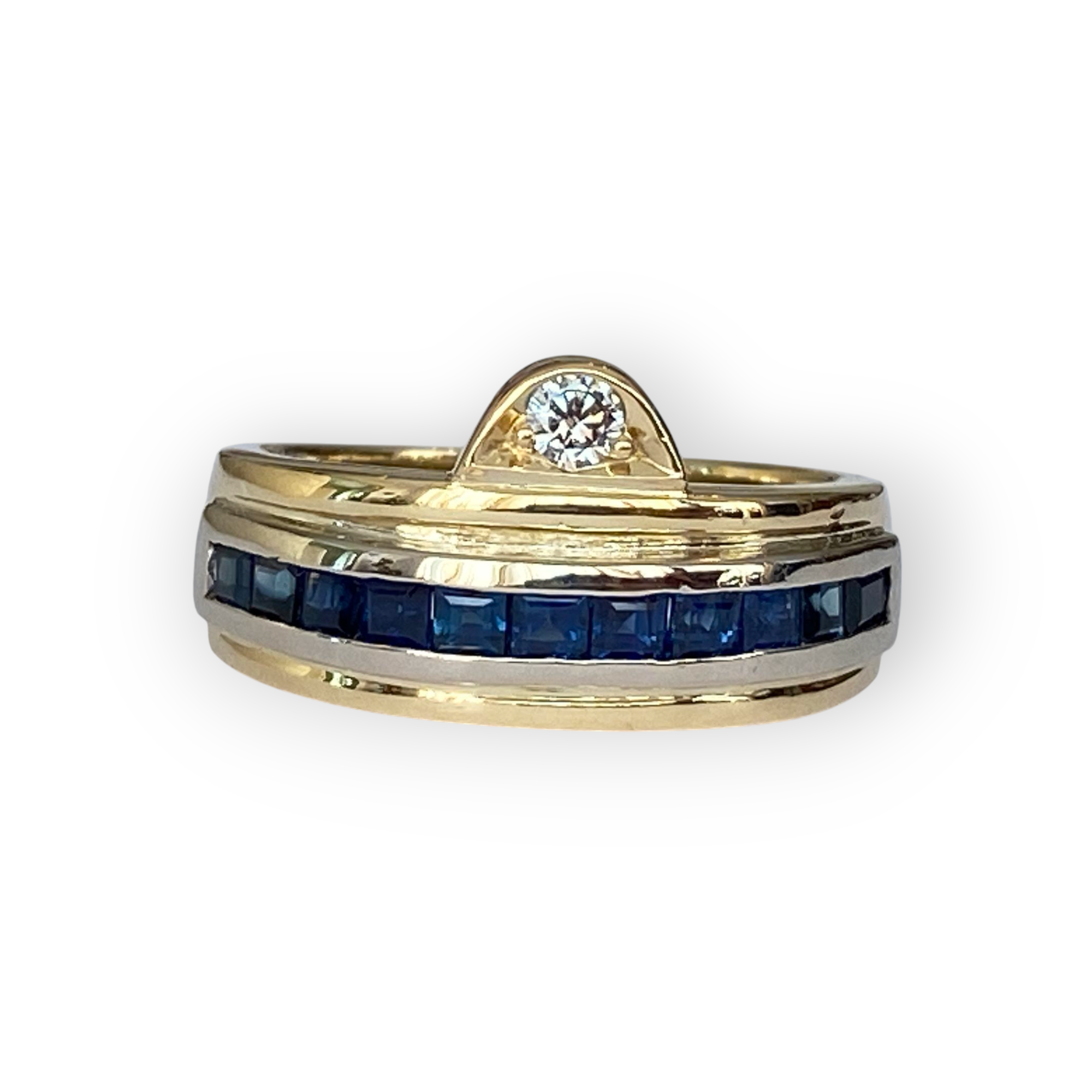 18K Yellow Gold Band Ring with Sapphires & Diamond
