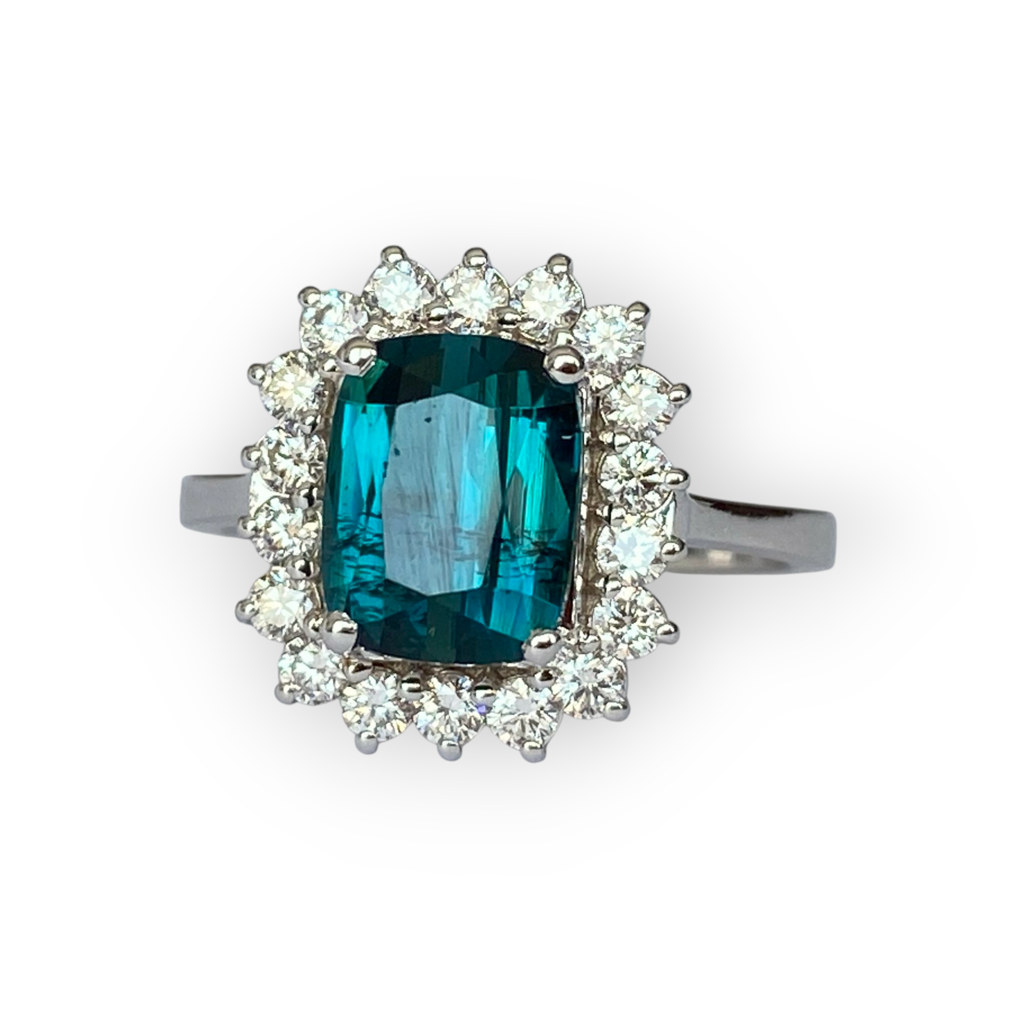 Certified 2.00 Carat Lagoon Tourmaline & Diamond Cocktail Ring in 18 kt white gold