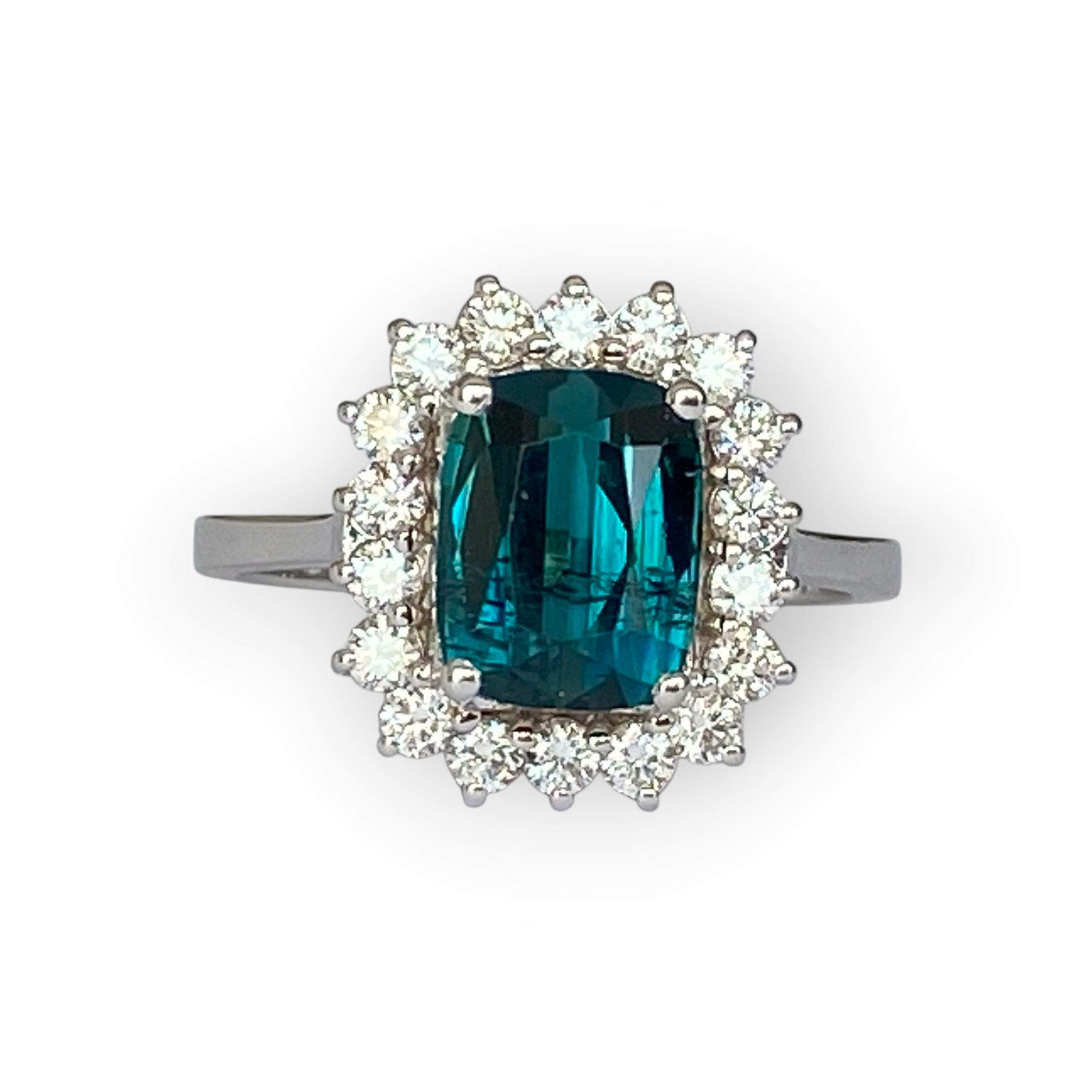 Certified 2.00 Carat Lagoon Tourmaline & Diamond Cocktail Ring in 18 kt white gold