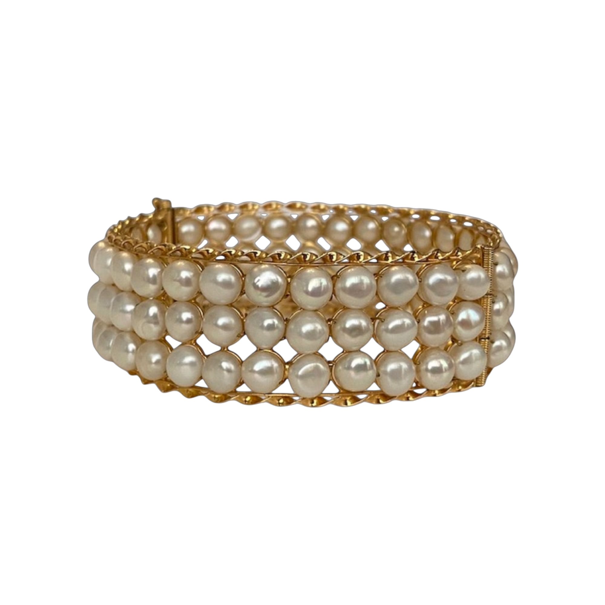 18K Vintage Yellow Gold 3-Row Cultured Pearl Bracelet – A Timeless Statement of Elegance