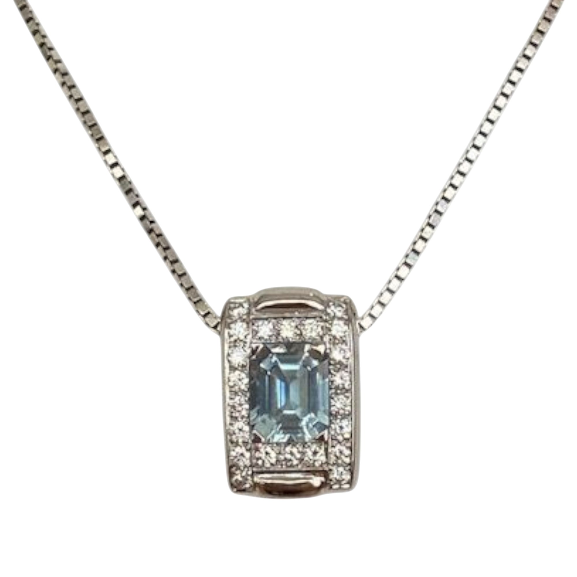 White Gold Necklace with Aquamarine and Diamond Pendant