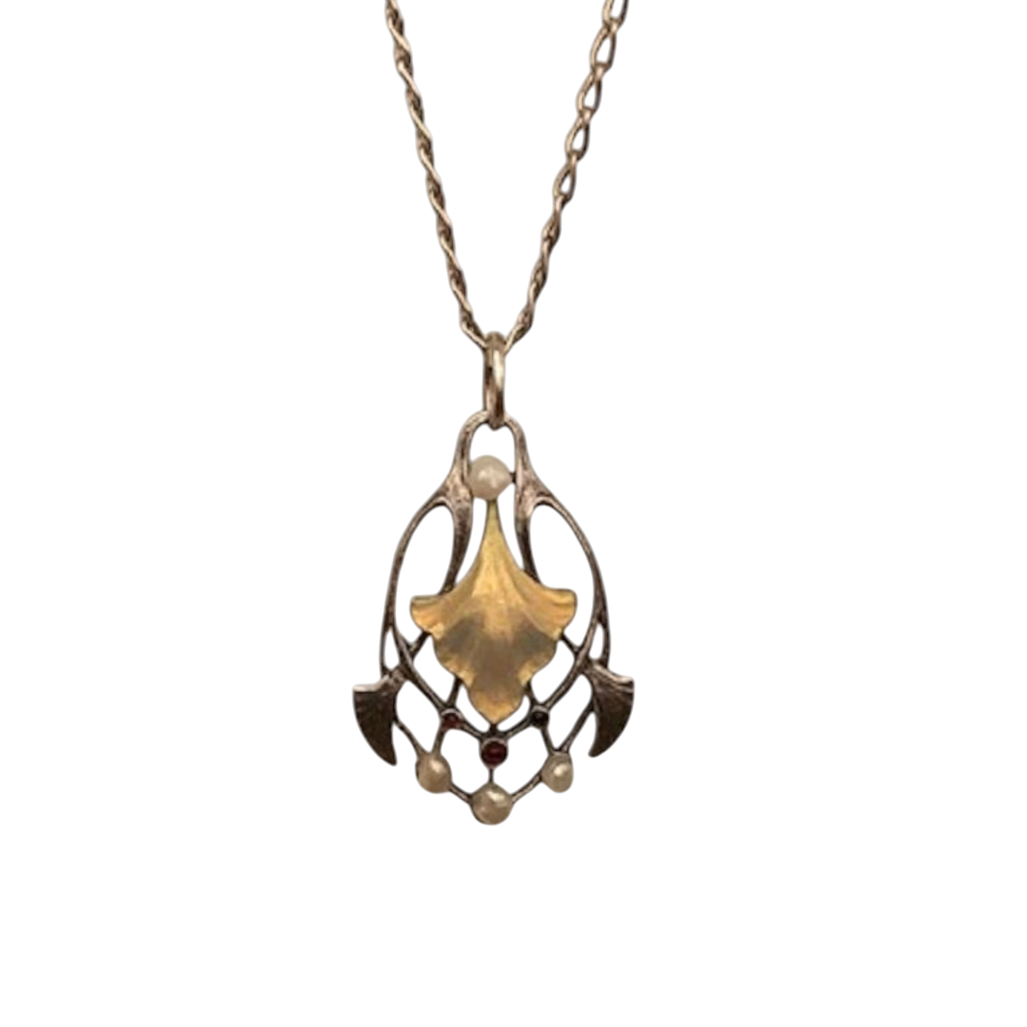 Art Nouveau Silver Necklace with Enamel Pendant, Rubies & Pearls