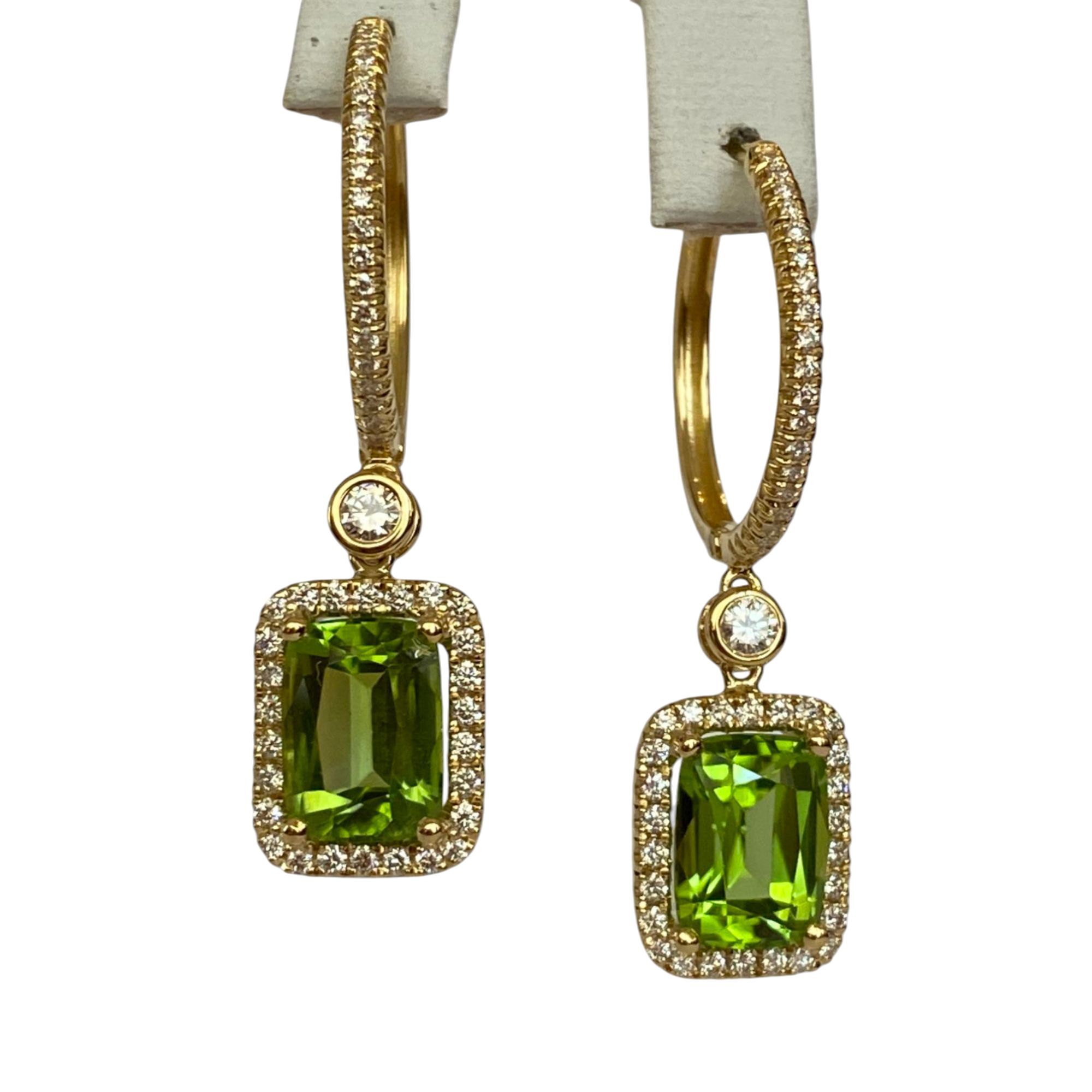 Lime Green Peridot & Diamond Earrings in 18 Kt Yellow Gold