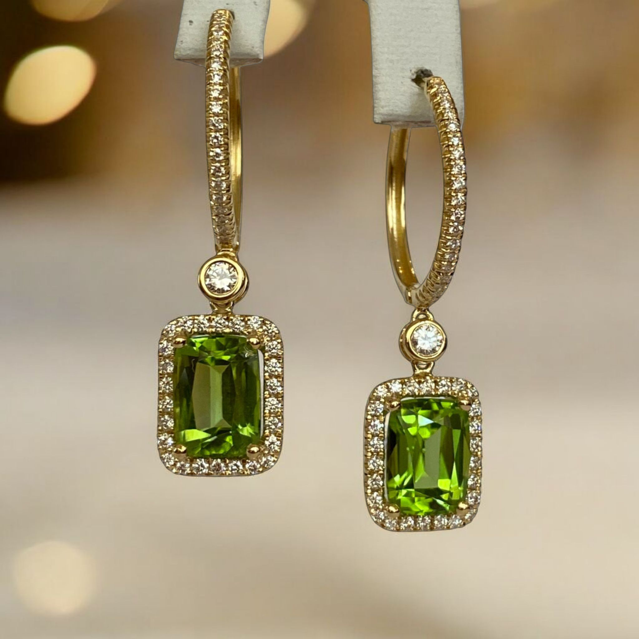 Lime Green Peridot & Diamond Earrings in 18 Kt Yellow Gold