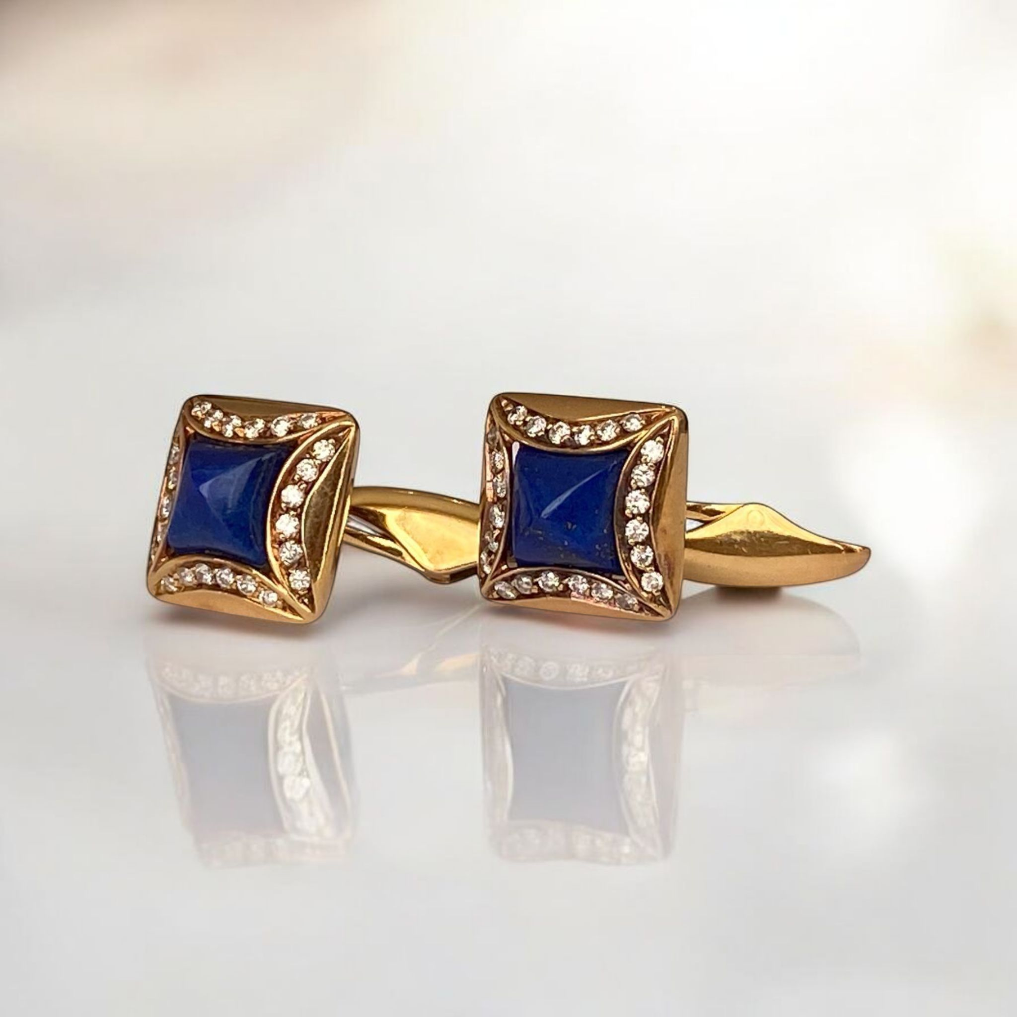 Yellow Gold Cufflinks Lapis Lazulis and Diamonds