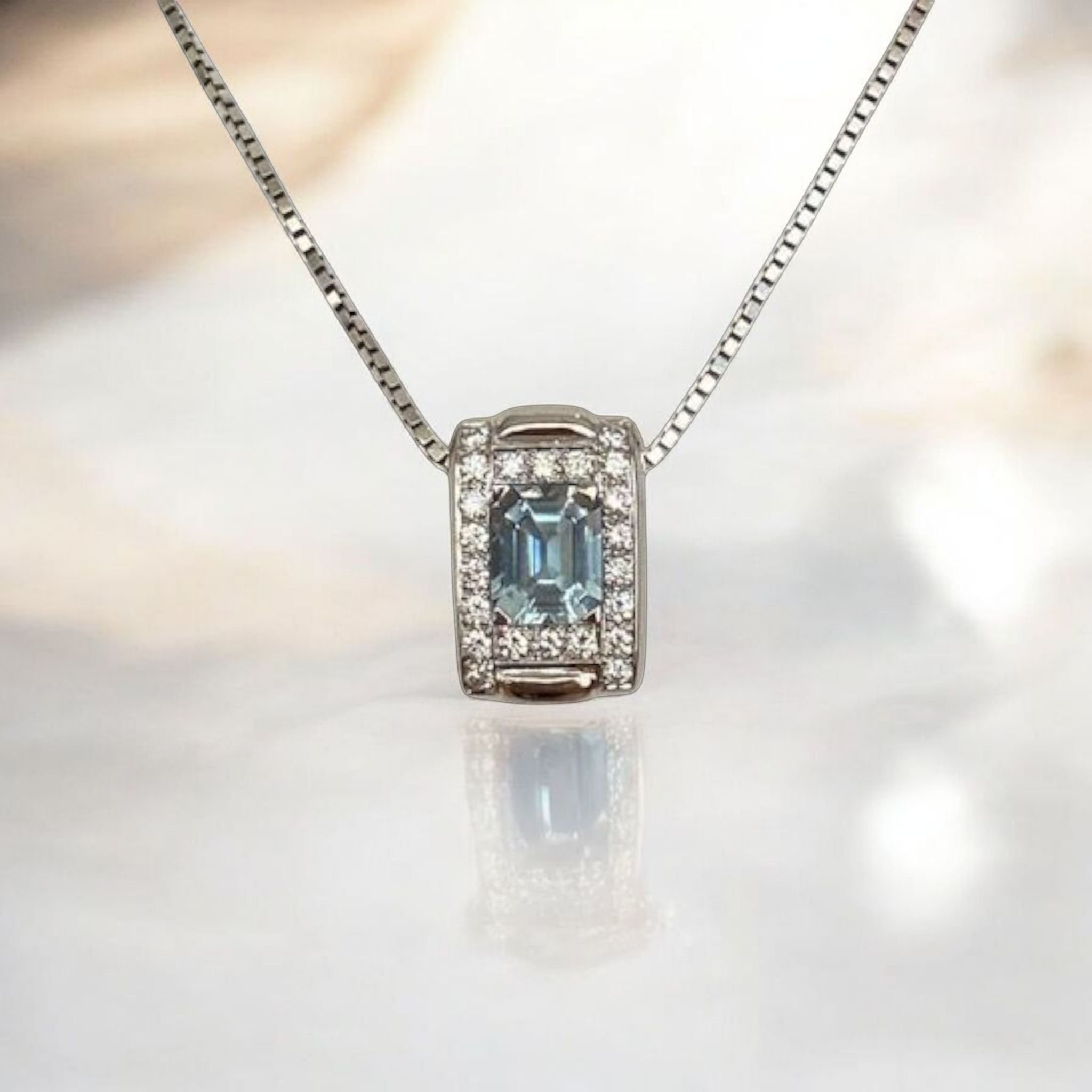 White Gold Necklace with Aquamarine and Diamond Pendant