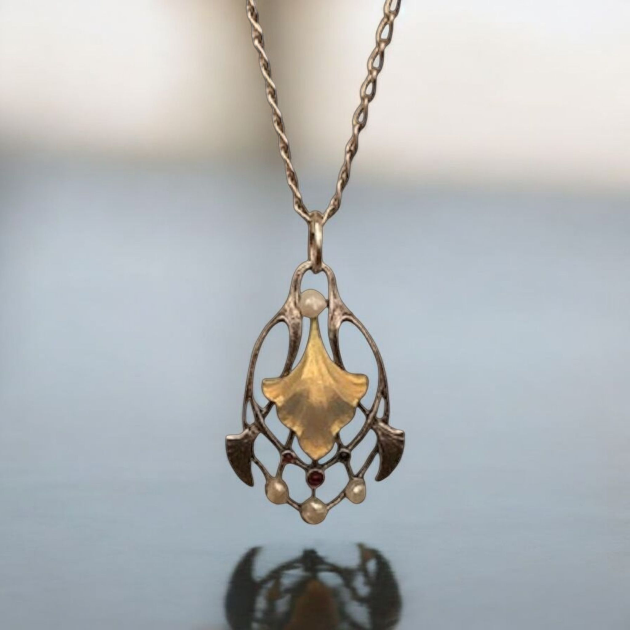 Art Nouveau Silver Necklace with Enamel Pendant, Rubies & Pearls