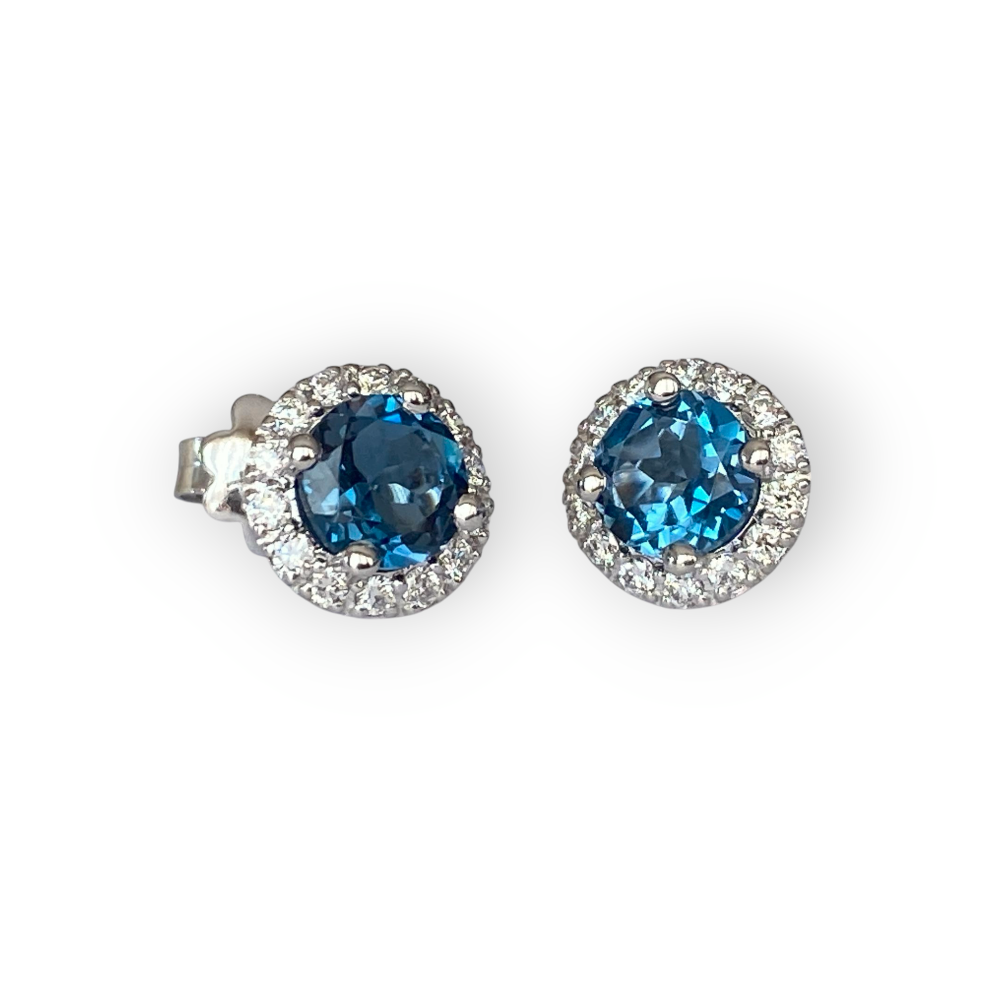 2.00 Ct London Blue Topaz & Diamond Halo Stud Earrings in White Gold