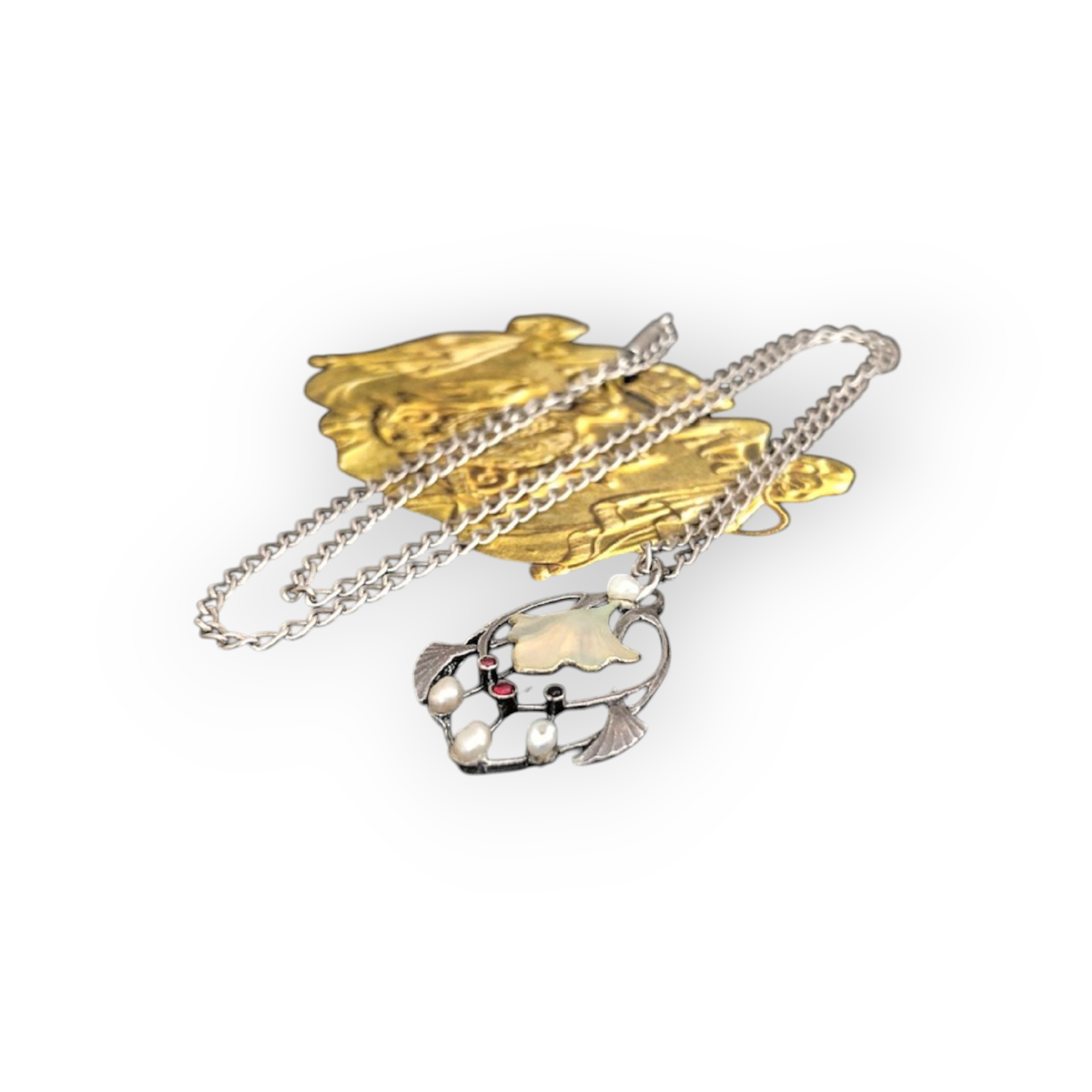 Art Nouveau Silver Necklace with Enamel Pendant, Rubies & Pearls