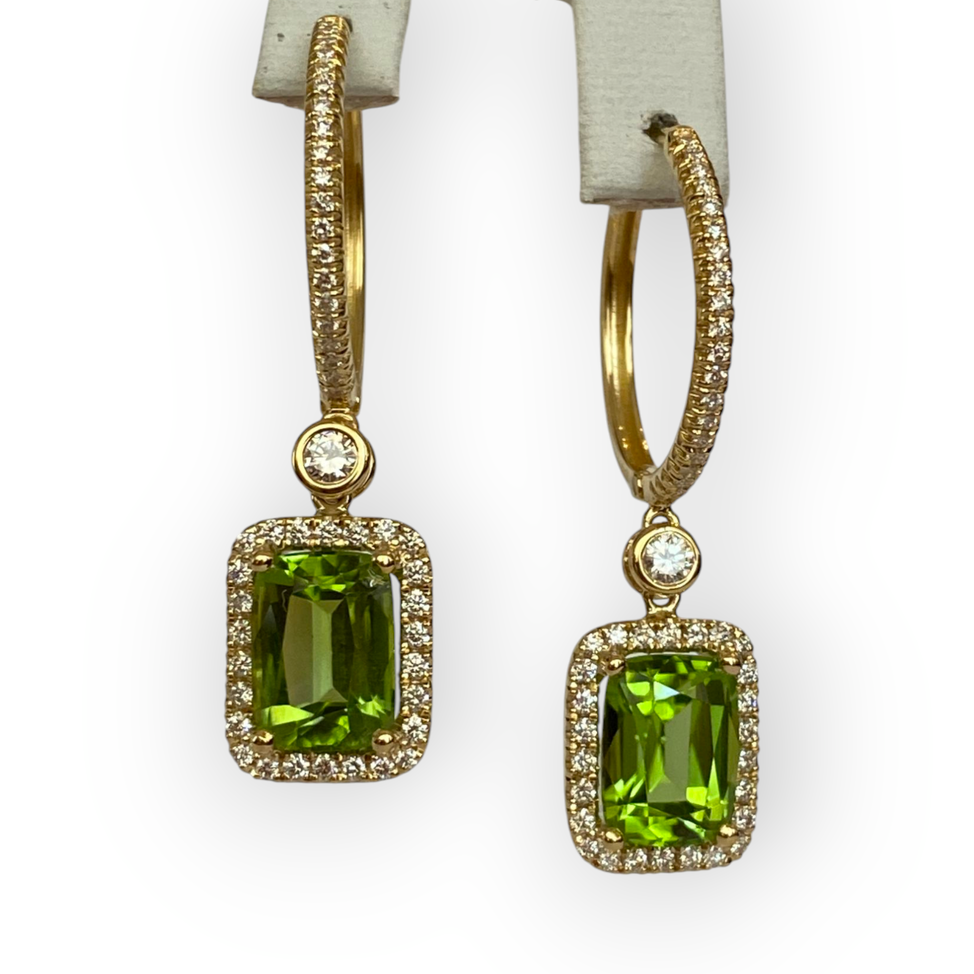 Lime Green Peridot & Diamond Earrings in 18 Kt Yellow Gold