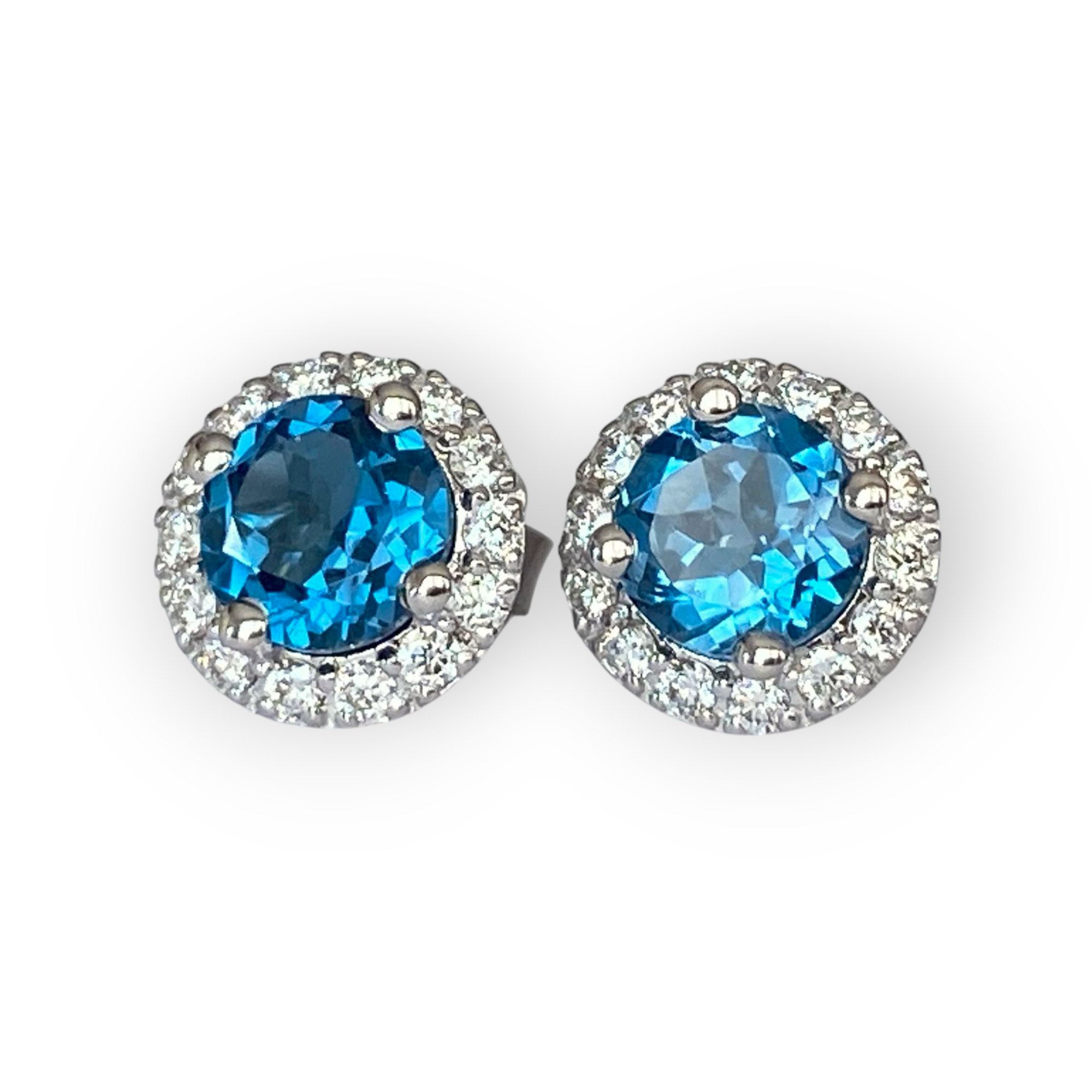 2.00 Ct London Blue Topaz & Diamond Halo Stud Earrings in White Gold