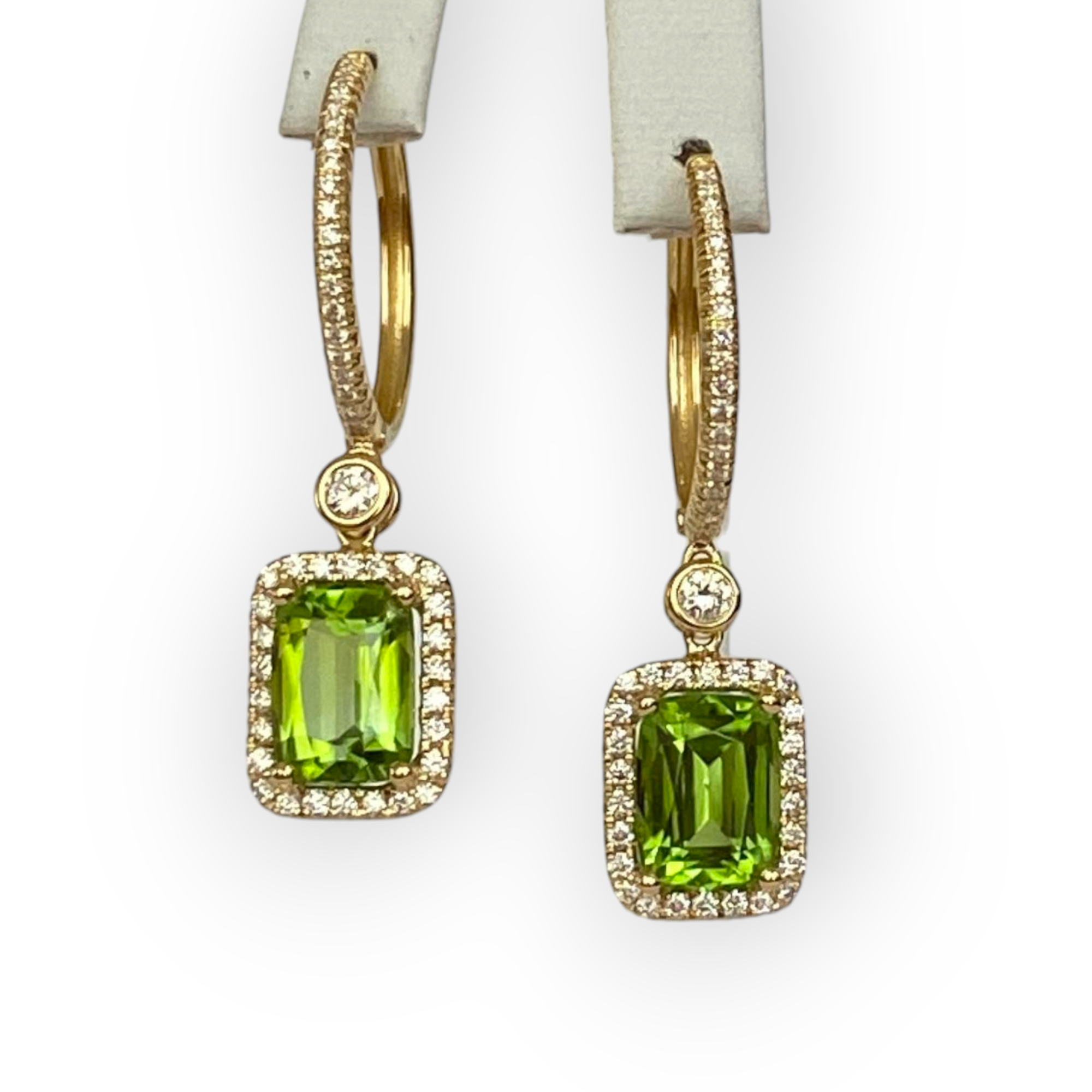 Lime Green Peridot & Diamond Earrings in 18 Kt Yellow Gold
