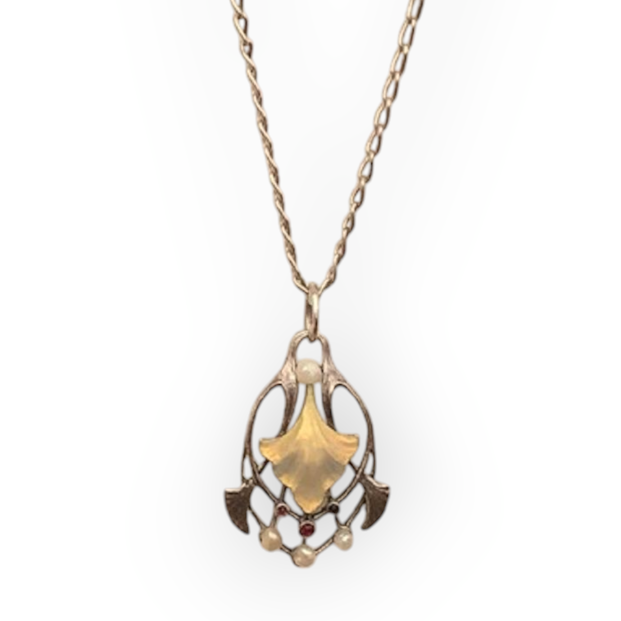 Art Nouveau Silver Necklace with Enamel Pendant, Rubies & Pearls