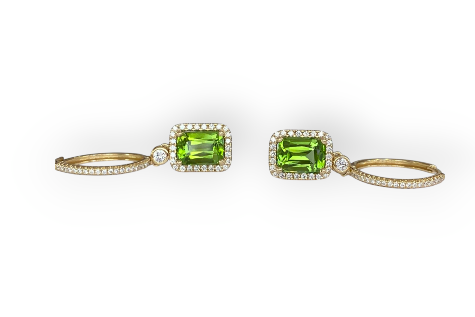 Lime Green Peridot & Diamond Earrings in 18 Kt Yellow Gold