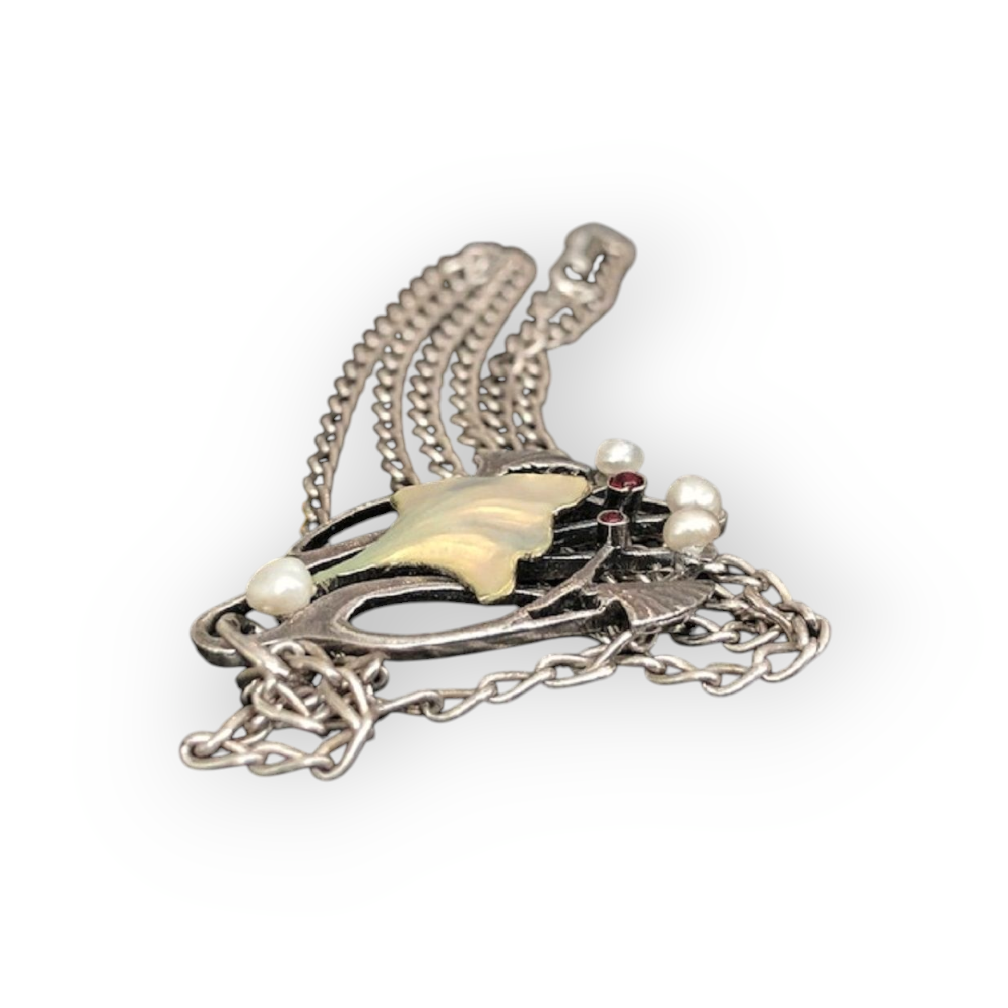 Art Nouveau Silver Necklace with Enamel Pendant, Rubies & Pearls