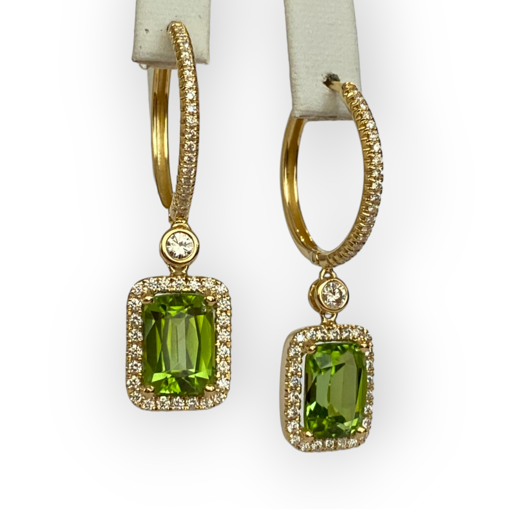 Lime Green Peridot & Diamond Earrings in 18 Kt Yellow Gold