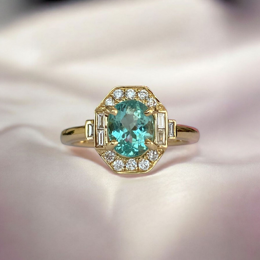 ALGT Certified 1.37 carat Paraiba Tourmaline Diamond  18 kt Yellow Gold Ring