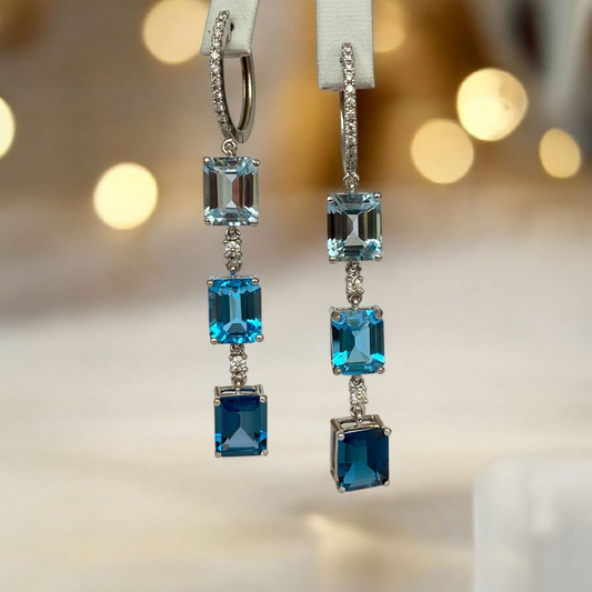 Exquisite 18K White Gold 22.45 Carat Blue Topaz & Diamond Dangle Earrings
