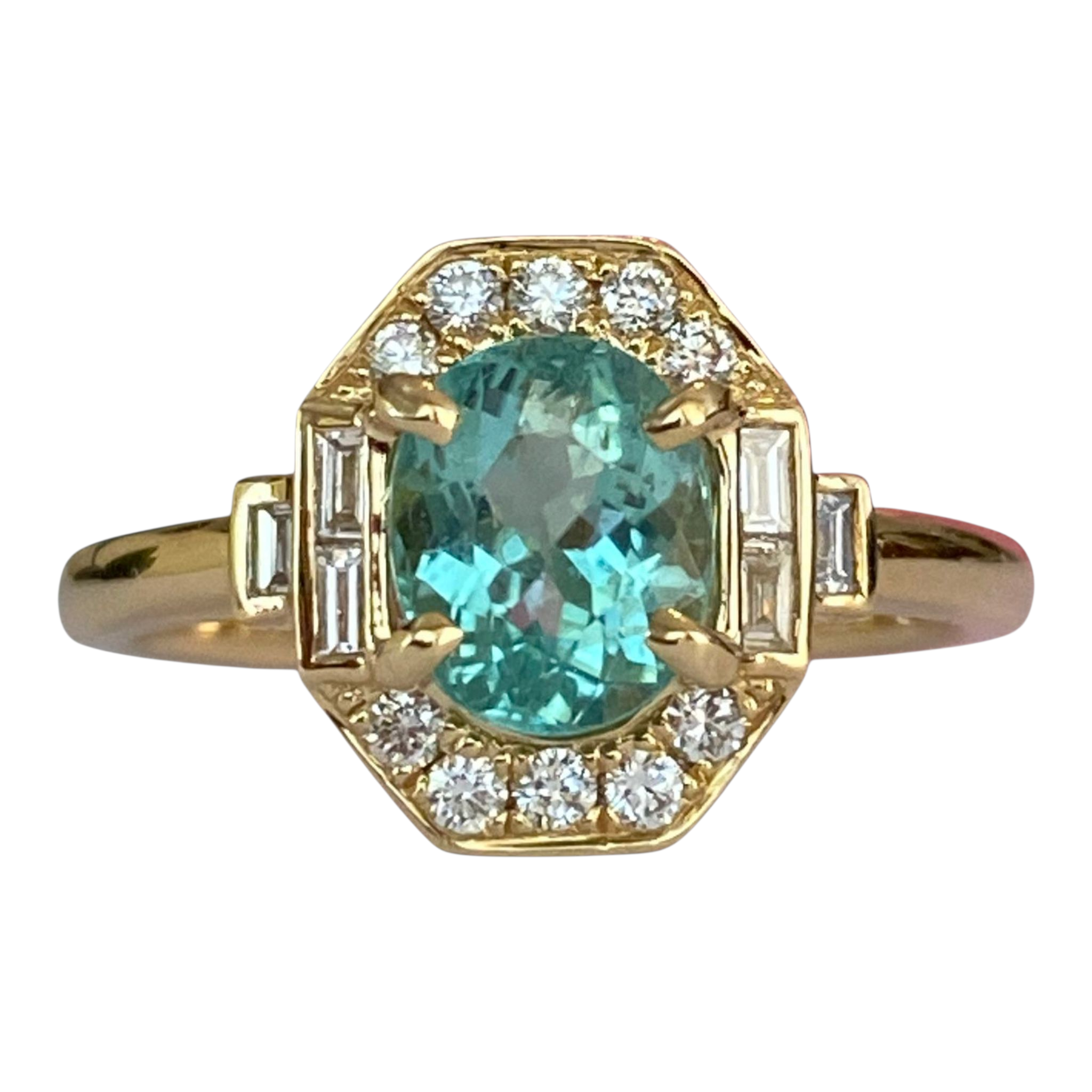 ALGT Certified 1.37 carat Paraiba Tourmaline Diamond  18 kt Yellow Gold Ring