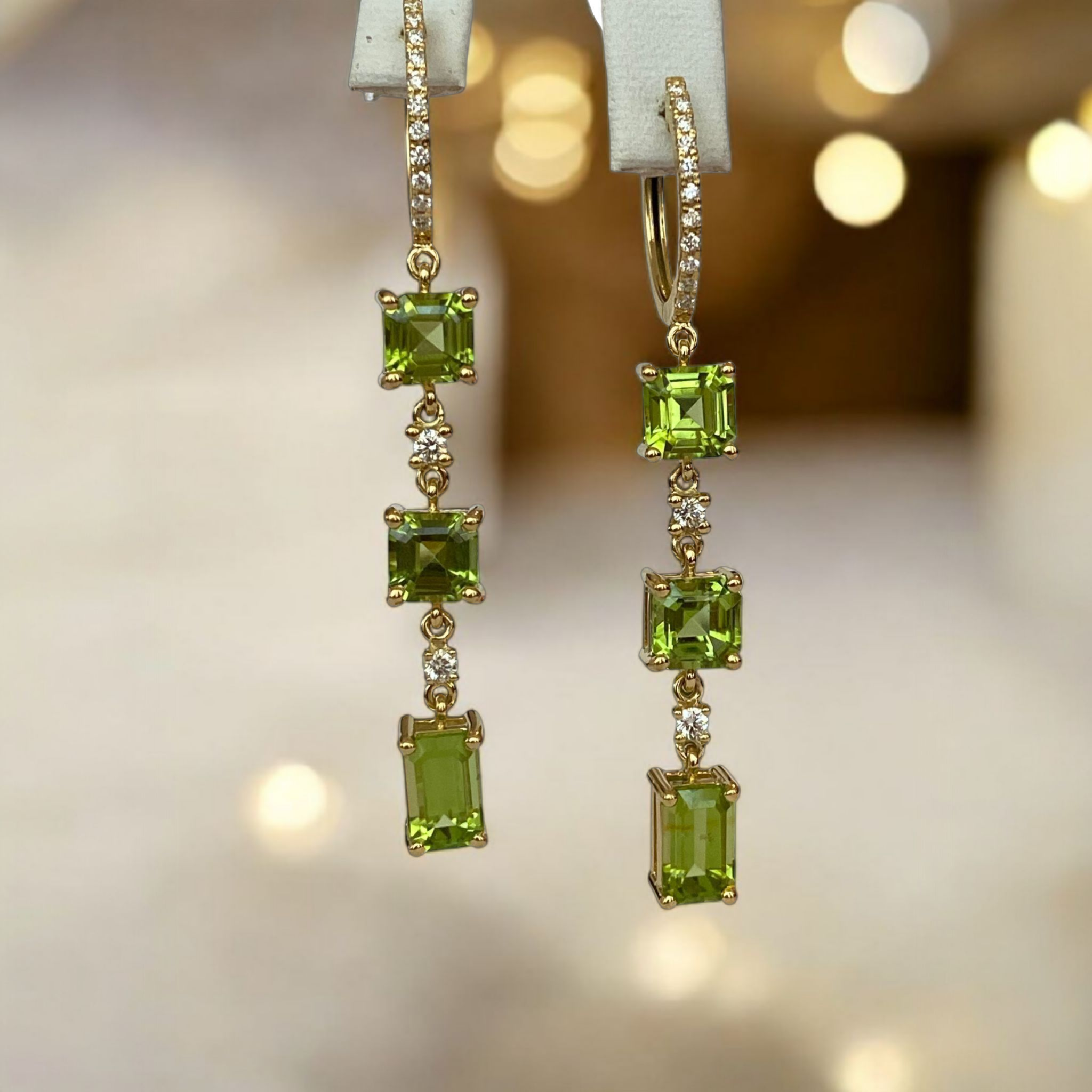 Exquisite 18K Yellow Gold Peridot and Diamond Dangle Earrings
