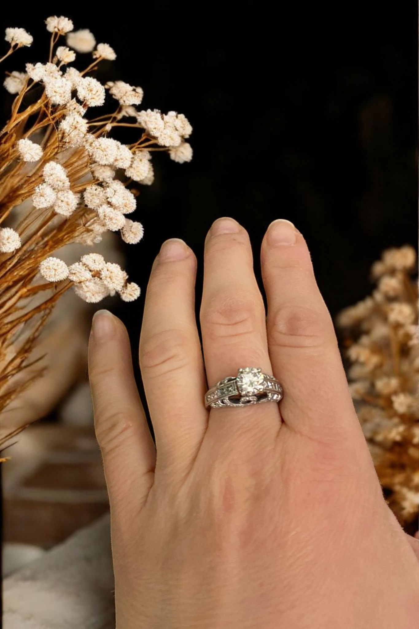 18K White Gold Vintage Solitaire Ring with 1.20 Ct Brilliant Cut Diamond & Additional Diamonds