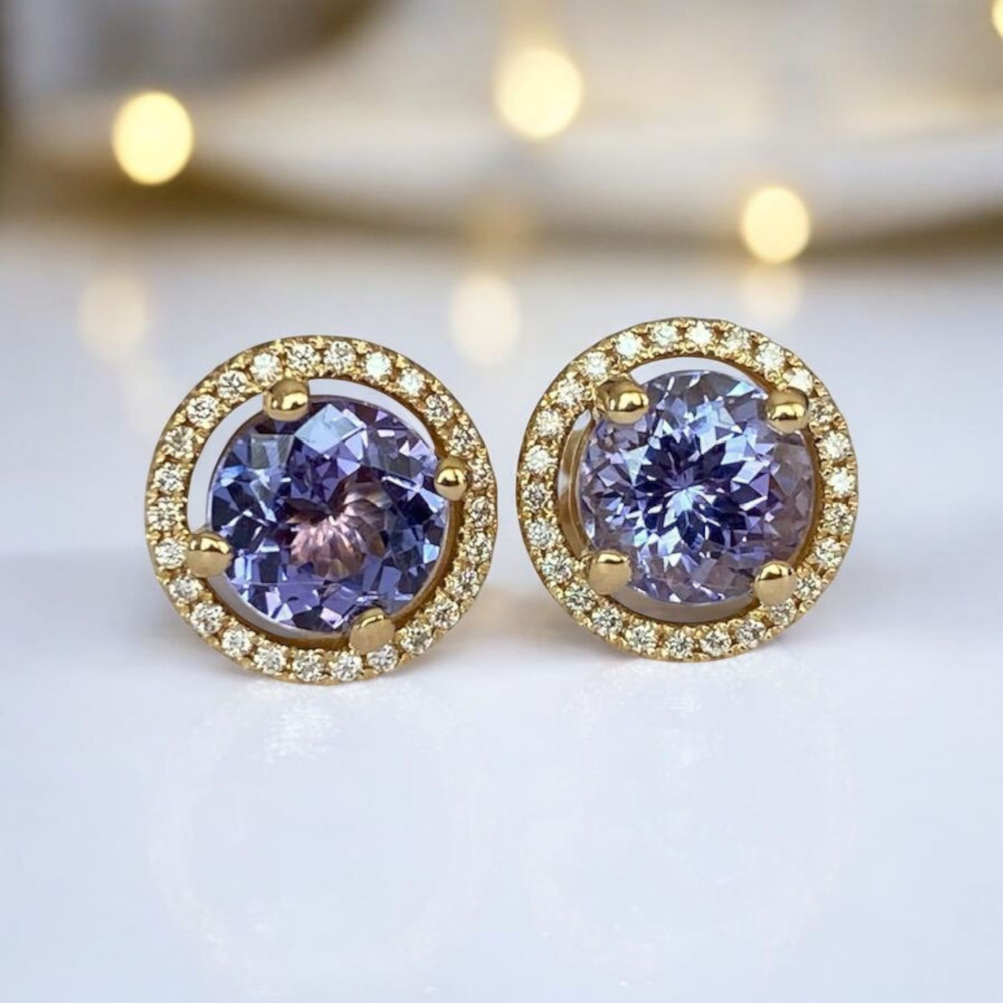 18K Yellow Gold Halo Ear Studs with 3.26 Ct Tanzanite & Diamonds