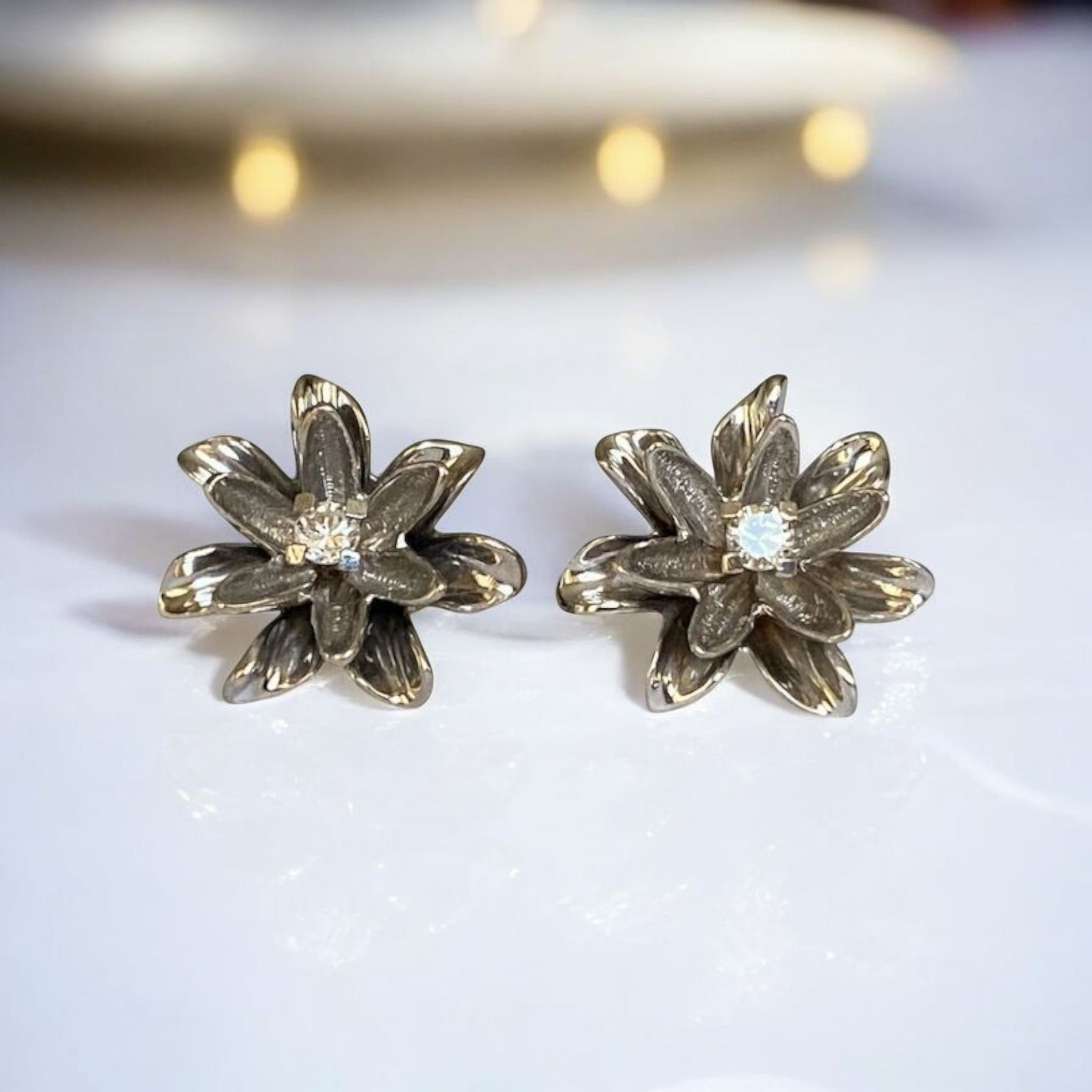 14K White Gold Floral Design Diamond Earrings