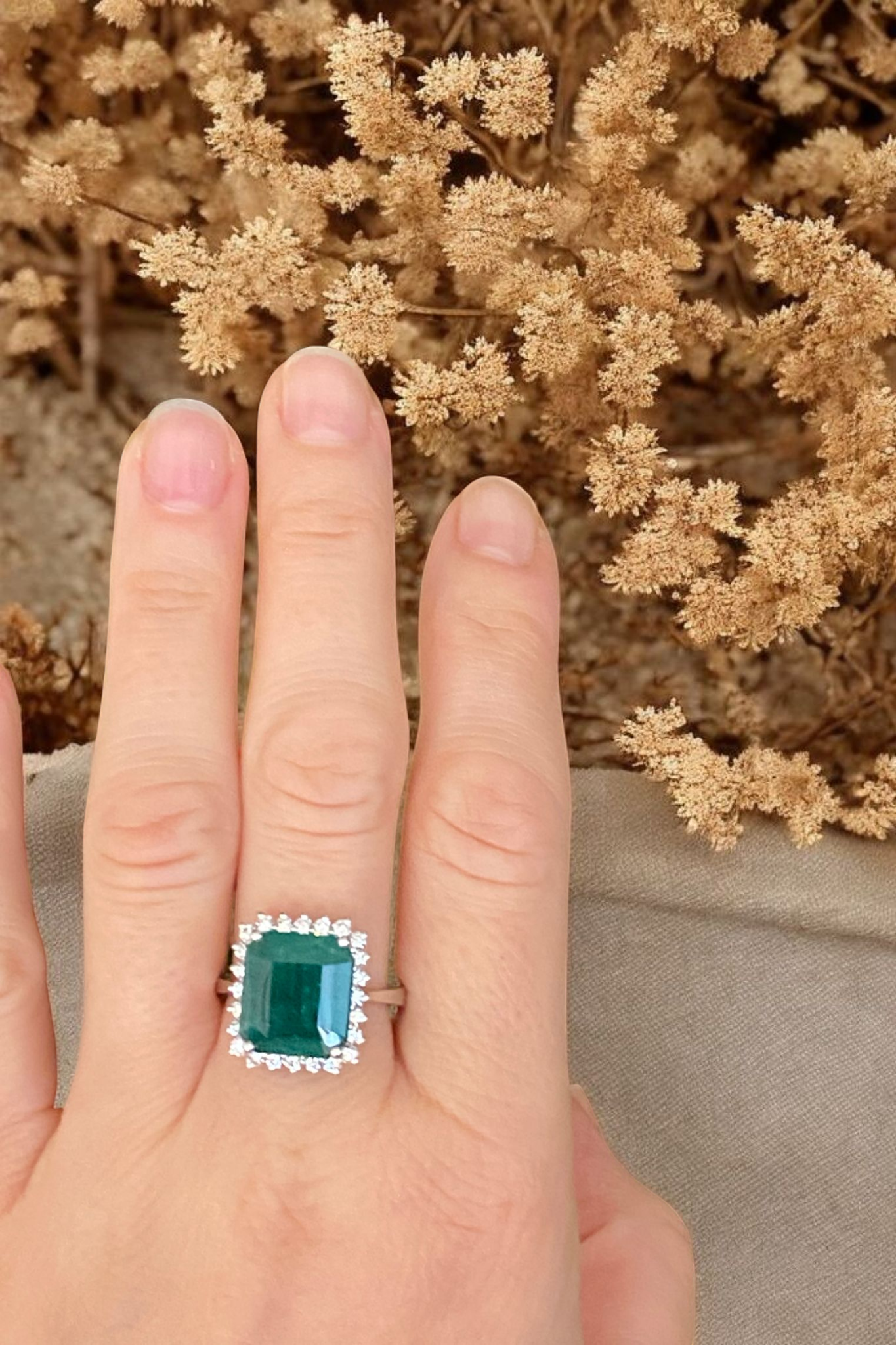 Certified 6.11 Carat Emerald & Diamond Cocktail Ring in 18K White Gold