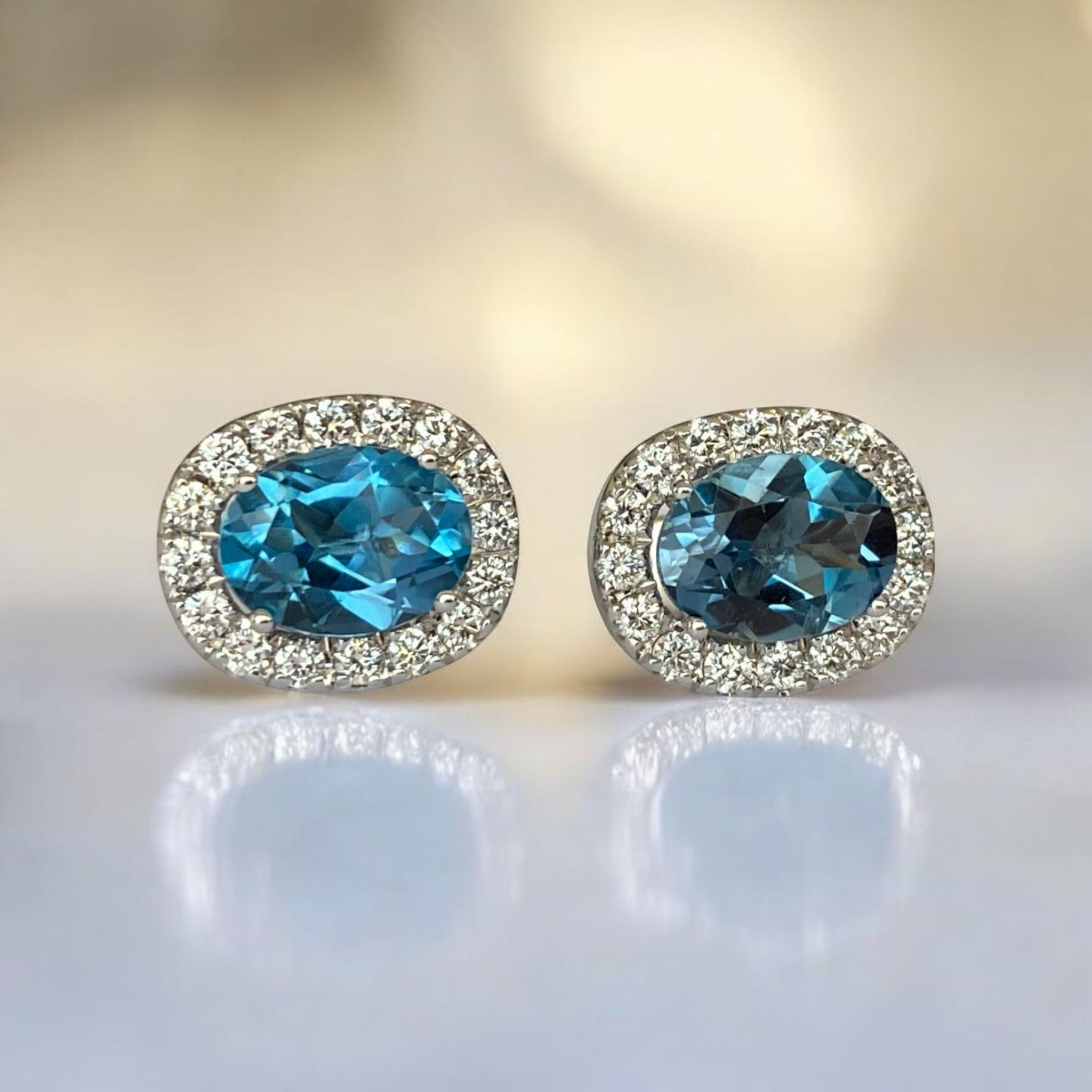 18K White Gold Stud Earrings with London Blue Topaz & Diamonds