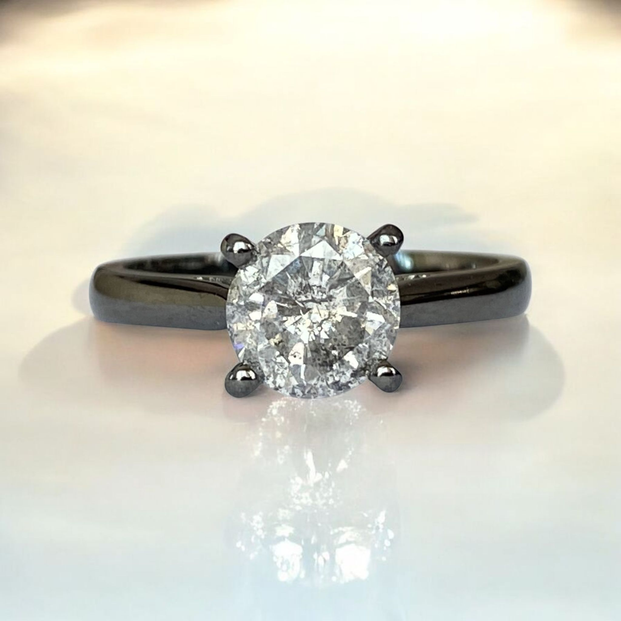 18K White Gold Black Rhodium Solitaire Ring with 1.66 Ct Salt & Pepper Diamond