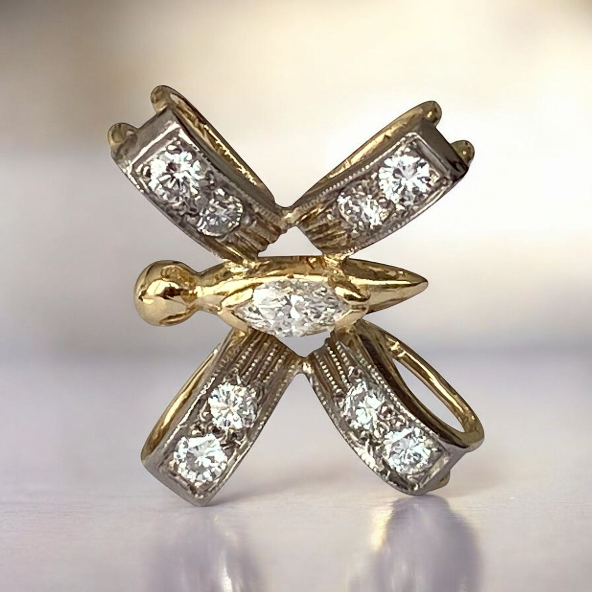 Vintage 18K White & Yellow Gold Butterfly Diamond Pendant