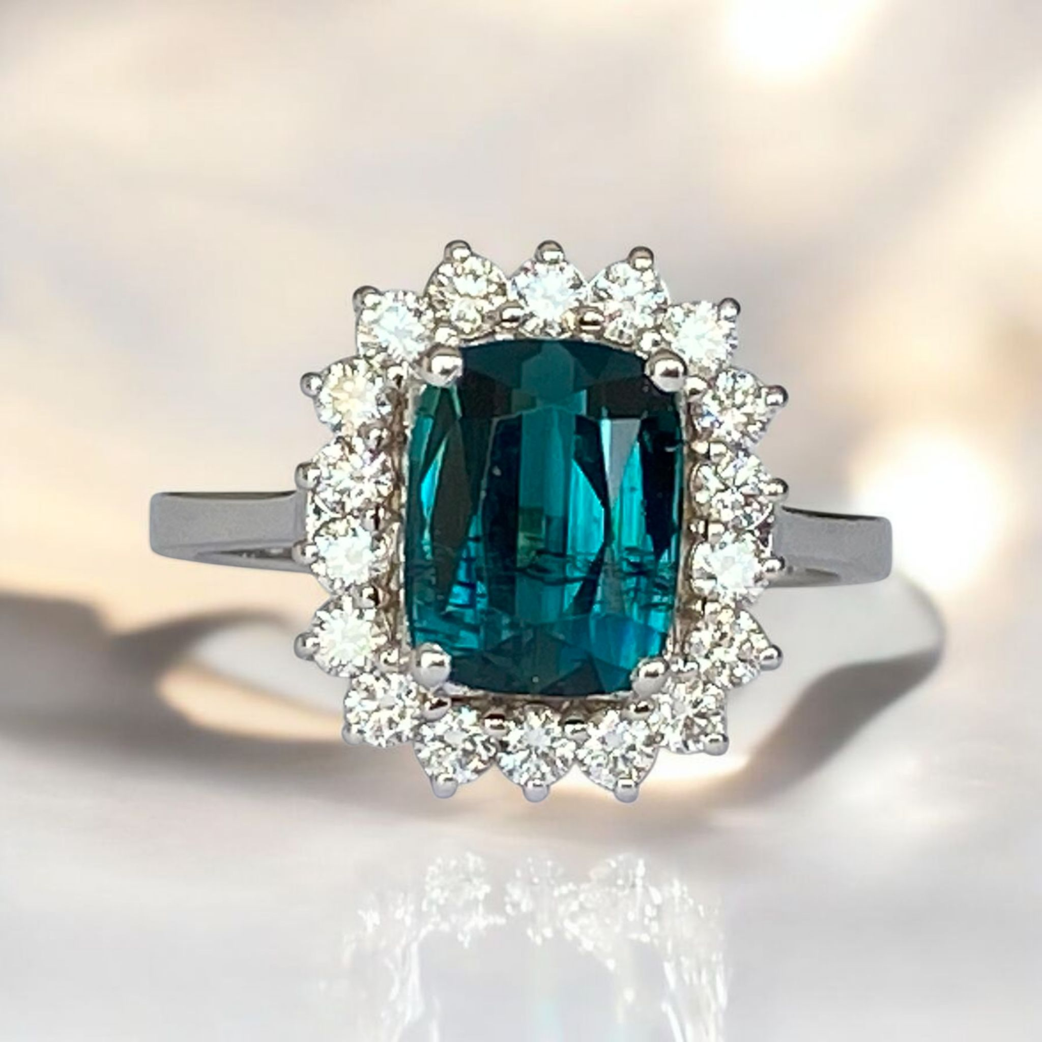 Certified 2.00 Carat Lagoon Tourmaline & Diamond Cocktail Ring in 18 kt white gold
