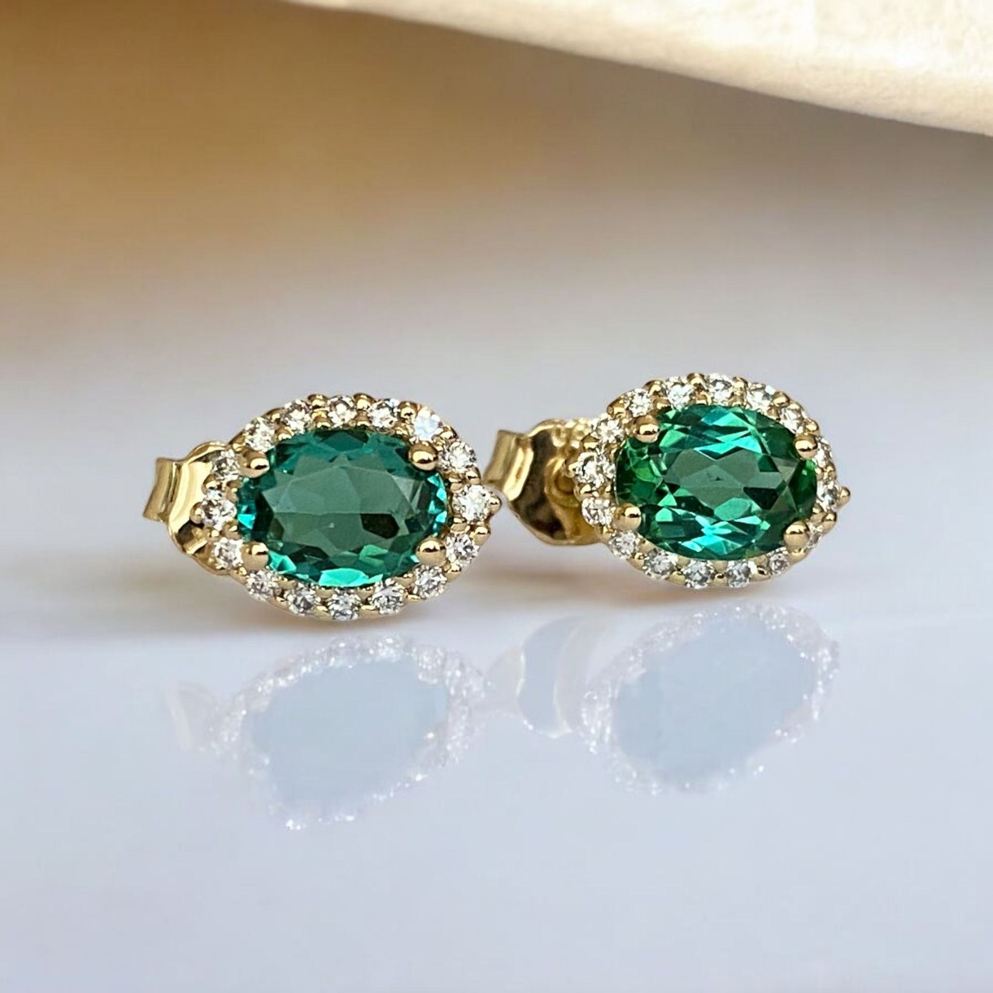 18K Yellow Gold Green Tourmaline & Diamond Halo Stud Earrings