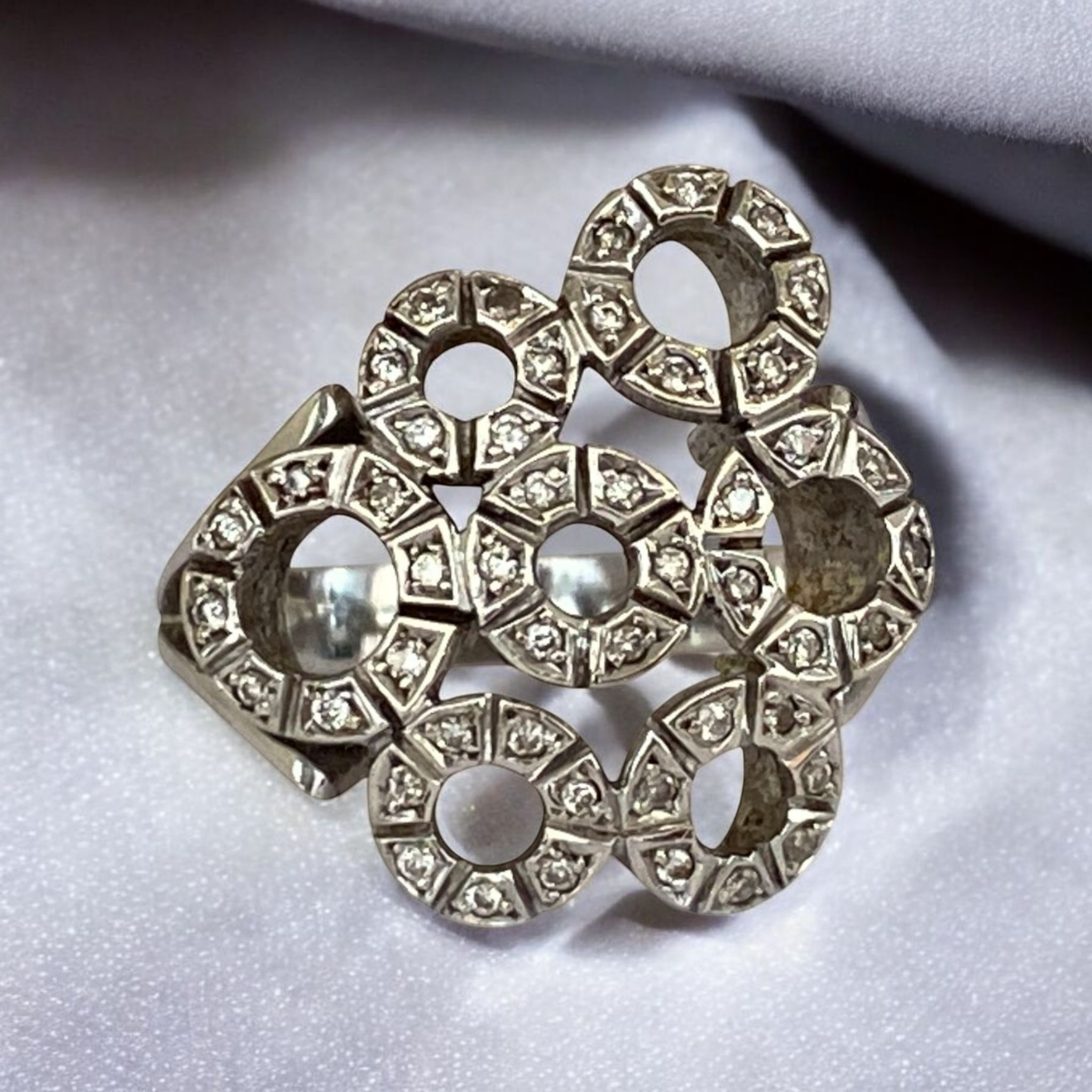Original Vintage English Platinum Cocktail Ring with Diamonds