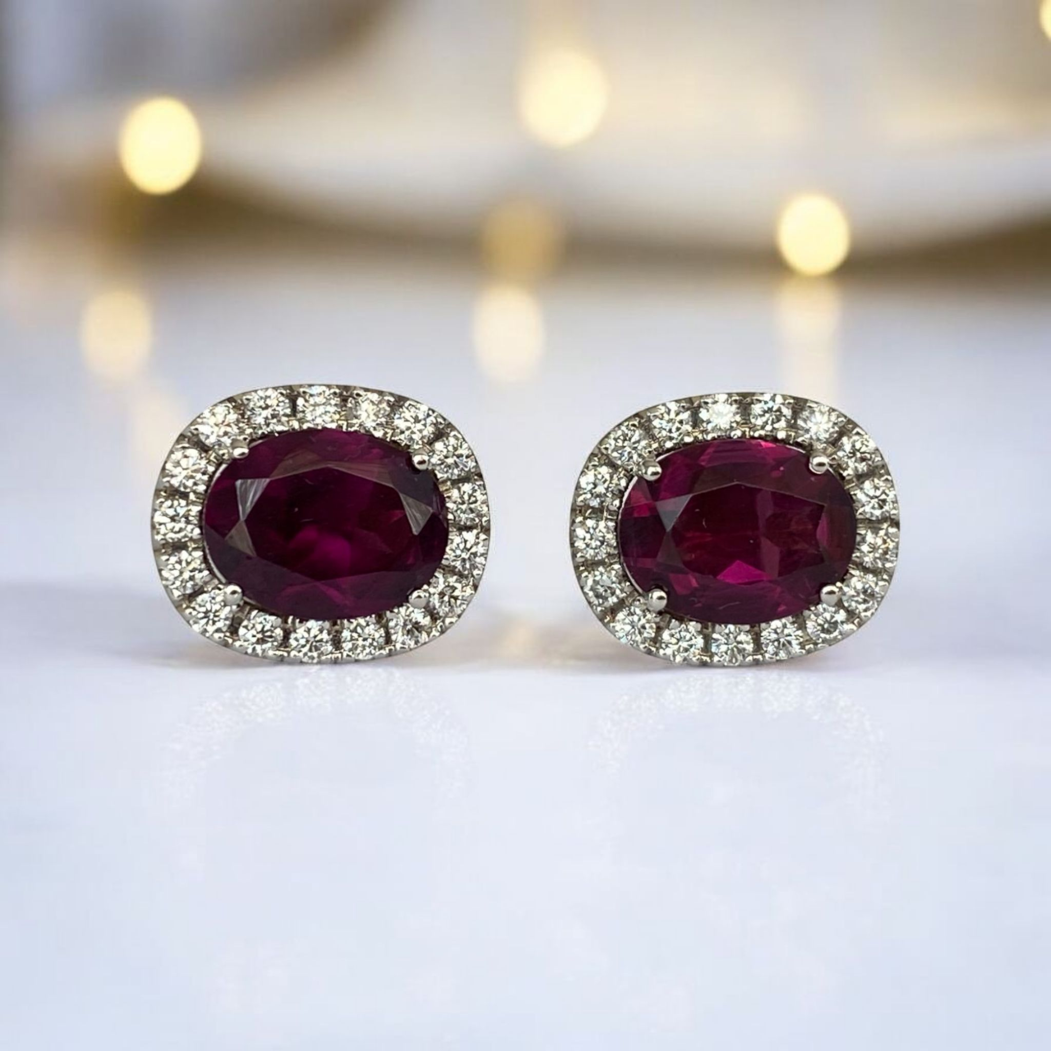 18K White Gold Halo Stud Earrings with Diamonds & Red Tourmaline