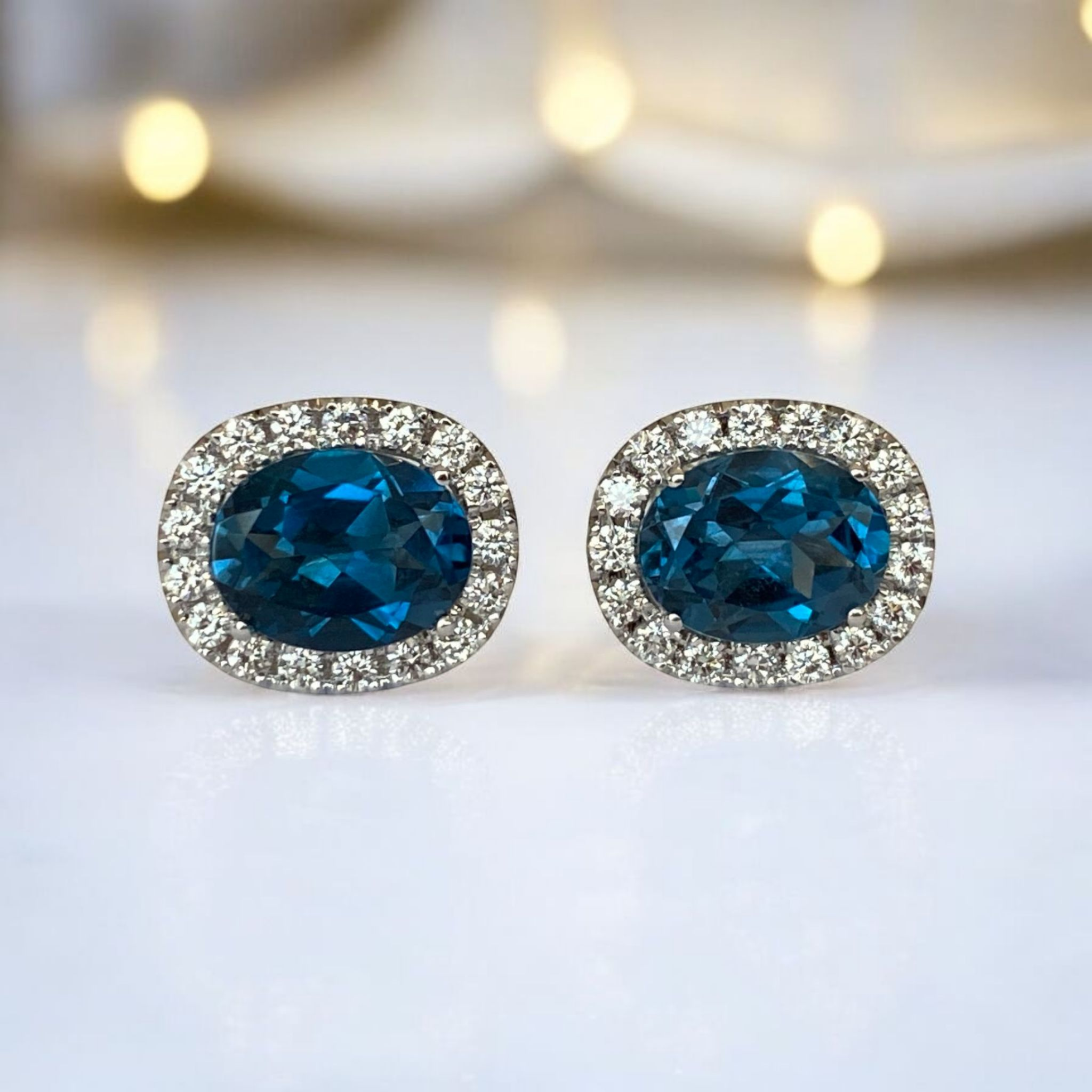 18K White Gold Halo Stud Earrings with Diamonds & London Blue Topaz